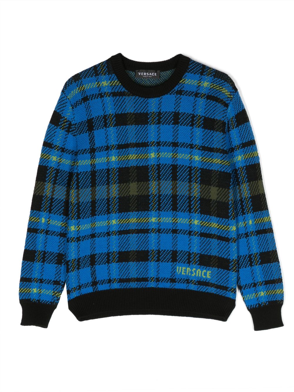 Versace Kids logo嵌花格纹毛衣 - 蓝色