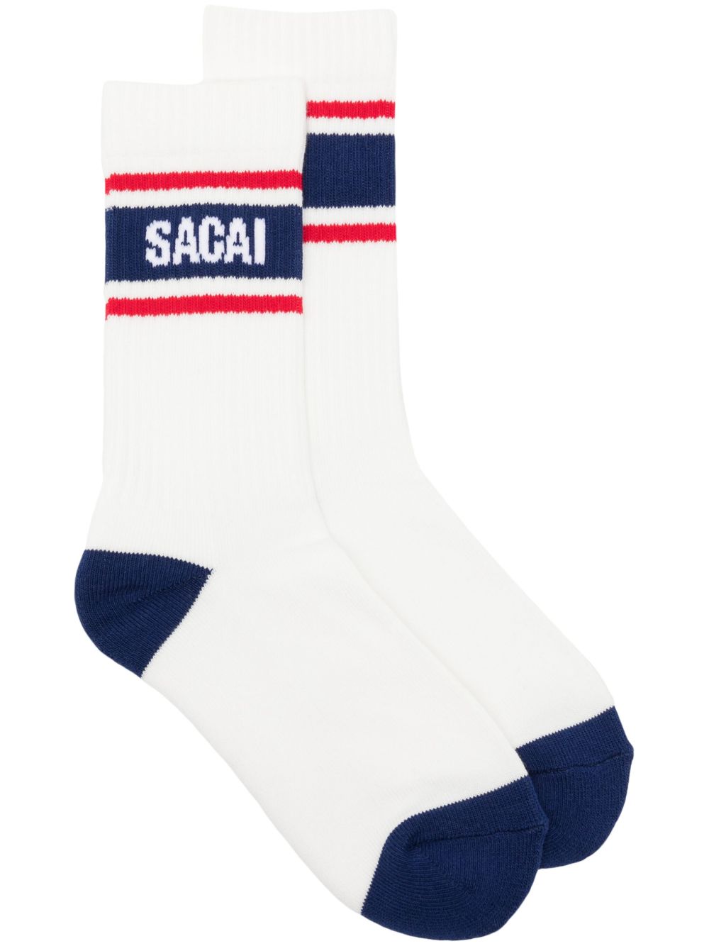 sacai logo嵌花条纹细节针织袜 - 白色