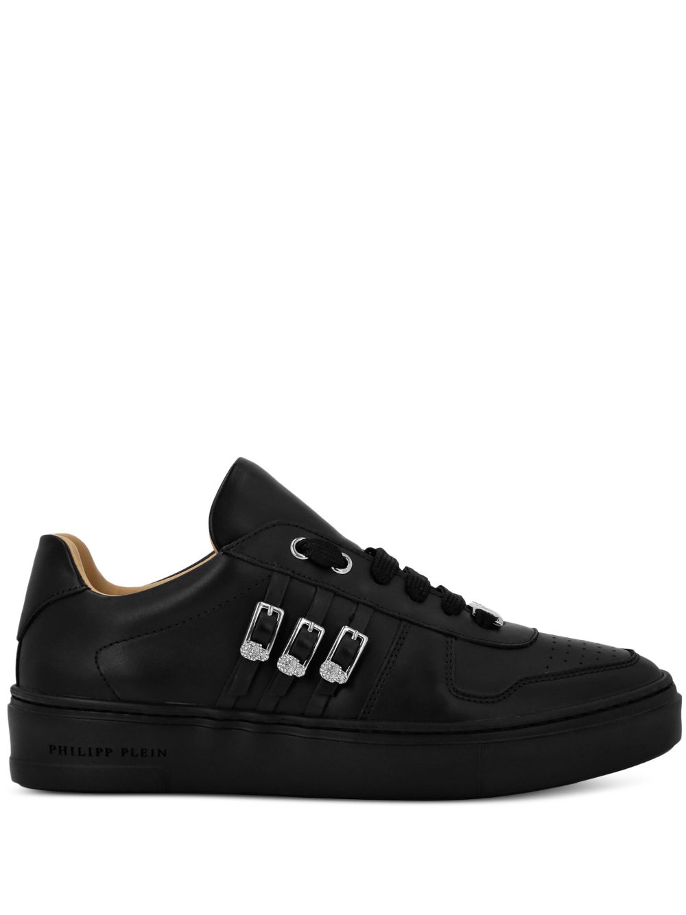 Philipp Plein 骷髅头贴花皮质运动鞋 - 黑色