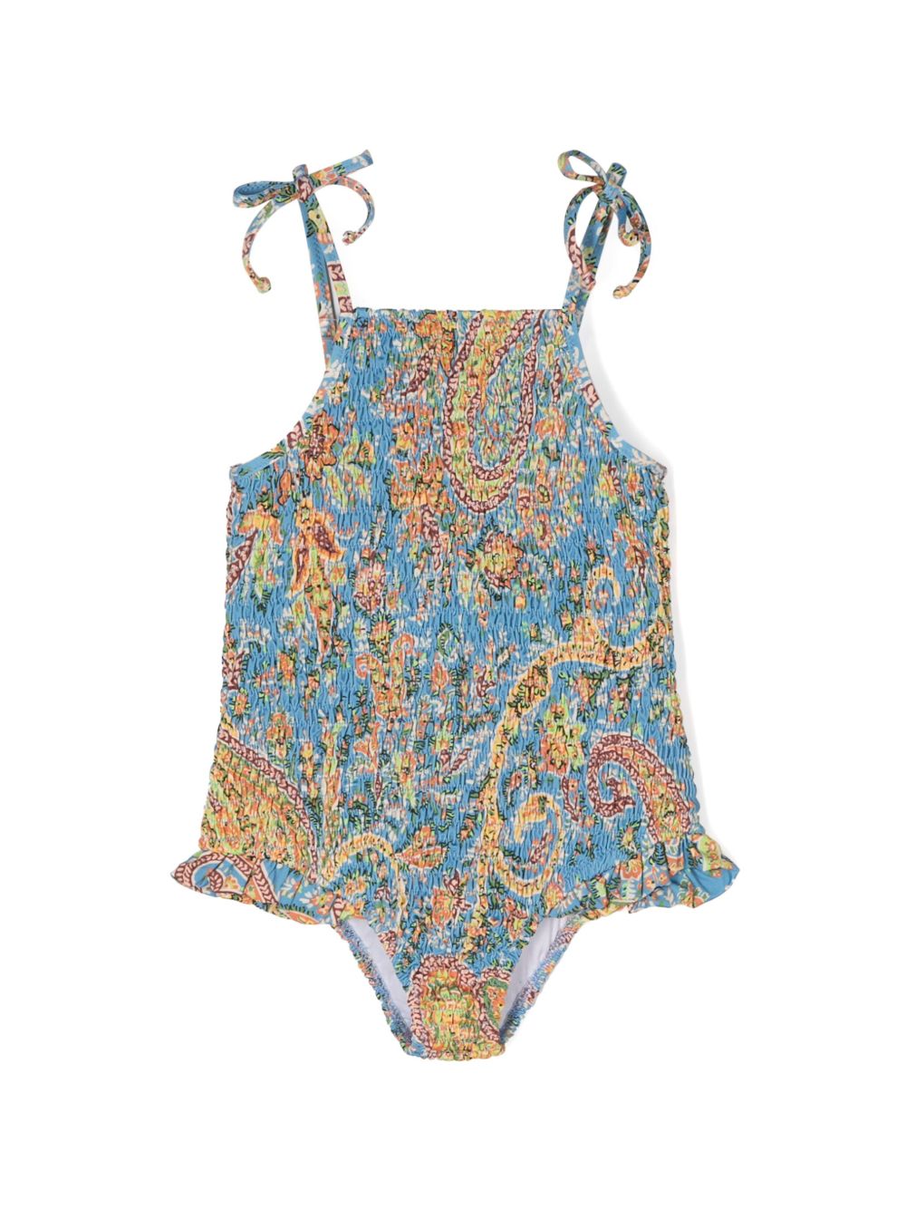 ETRO KIDS 佩斯理印花缩褶连体泳衣 - 蓝色