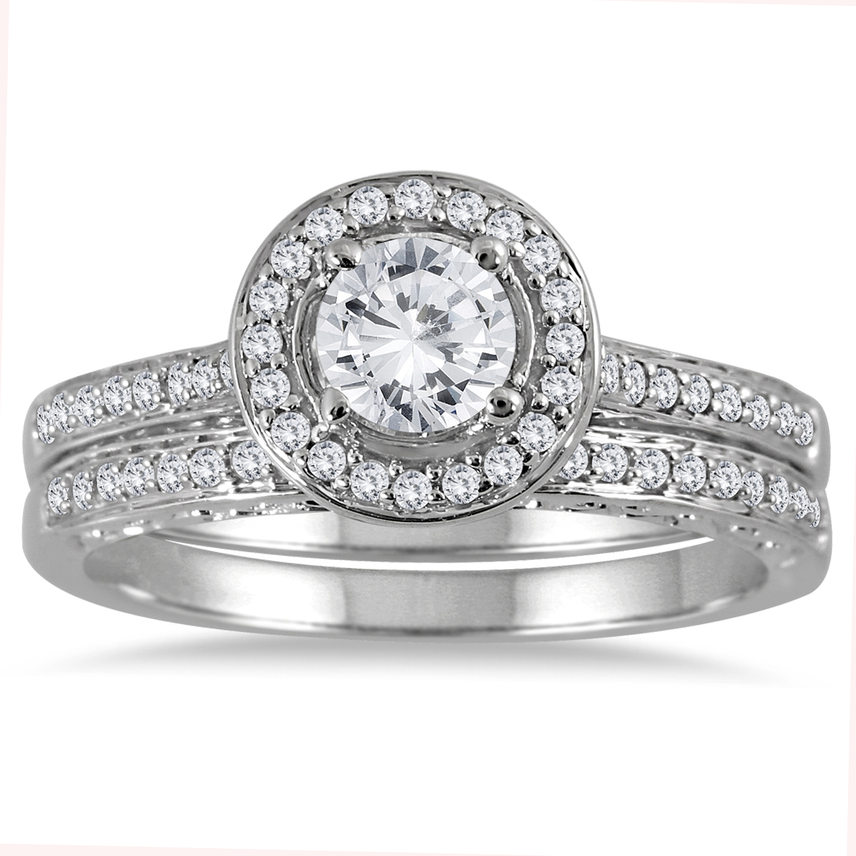 7/8 Carat TW Diamond Engraved Halo Bridal Set in 14K White Gold