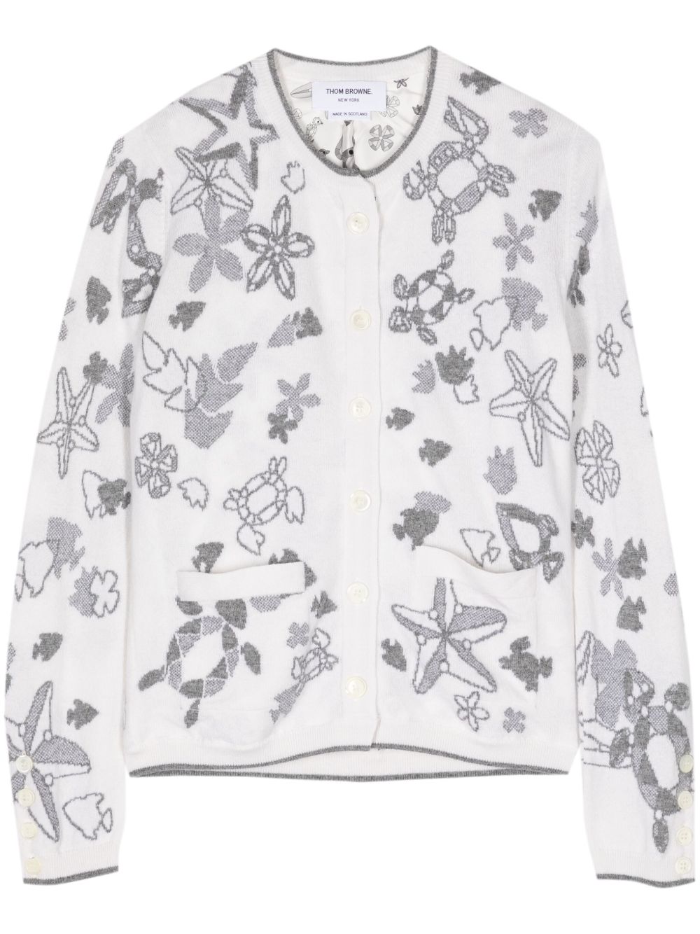 Thom Browne 嵌花针织羊绒开衫 - 白色