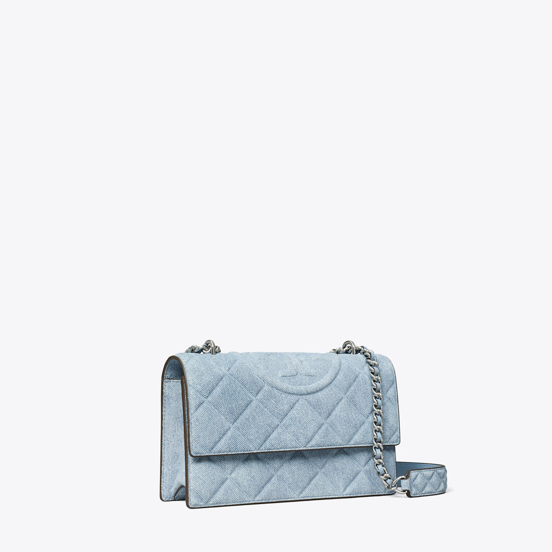 Tory Burch Small Fleming Denim-Print Suede Shoulder Bag