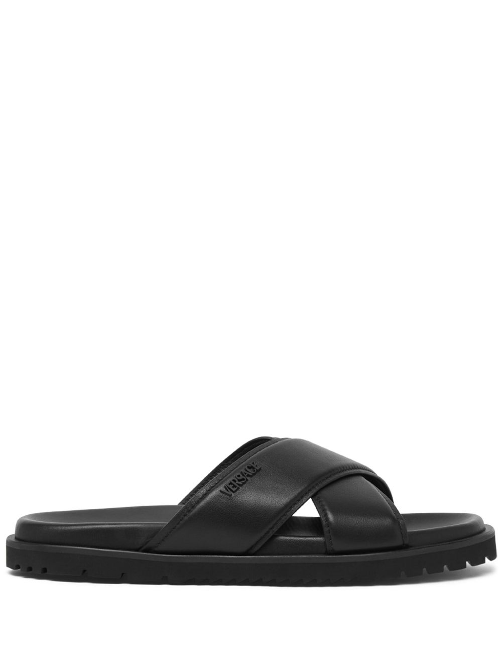 Versace logo皮质拖鞋 - 黑色