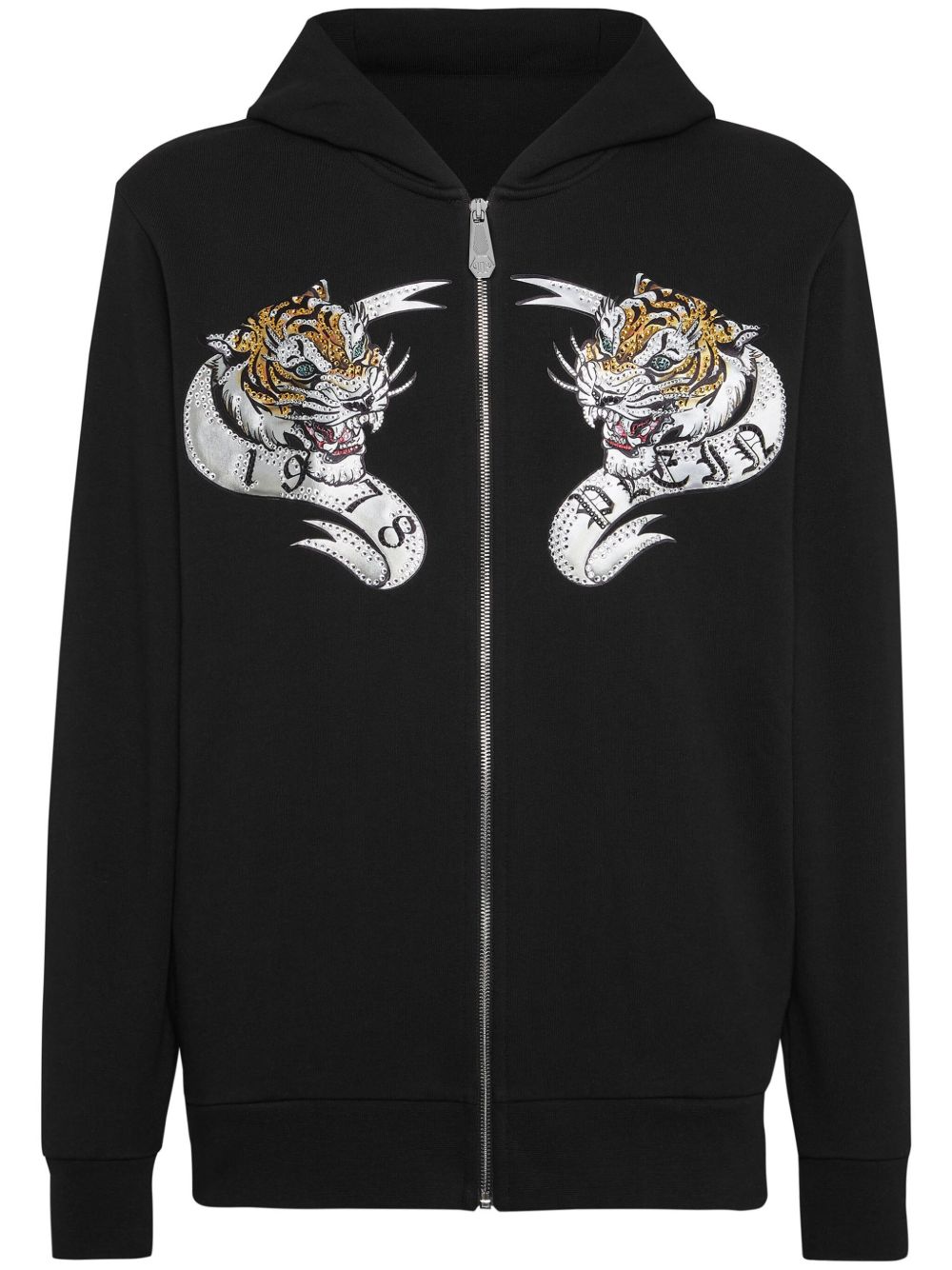 Philipp Plein 老虎印花晶饰连帽衫 - 黑色