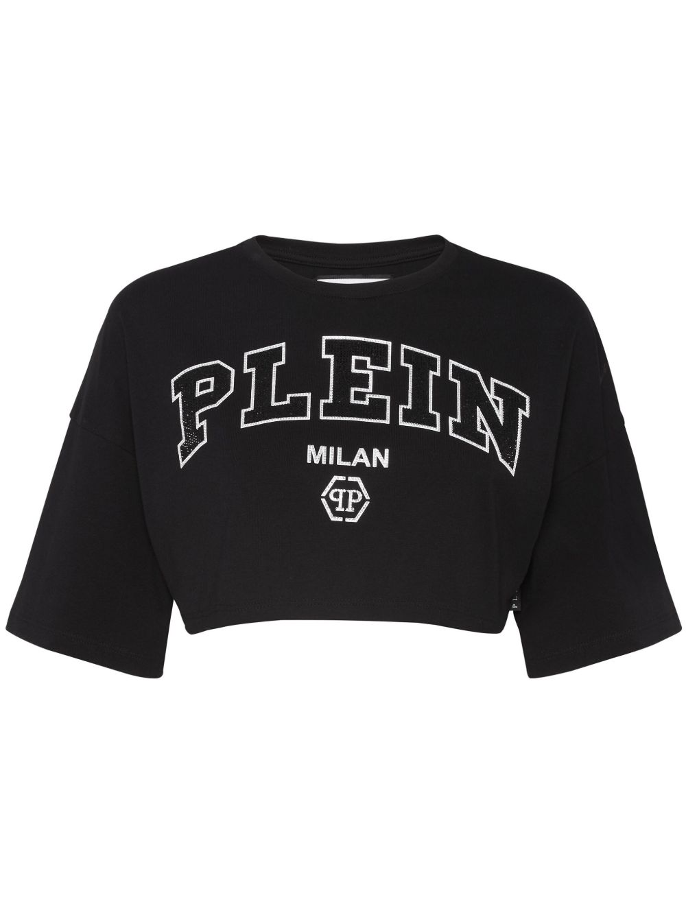 Philipp Plein logo缀饰棉短款上衣 - 黑色