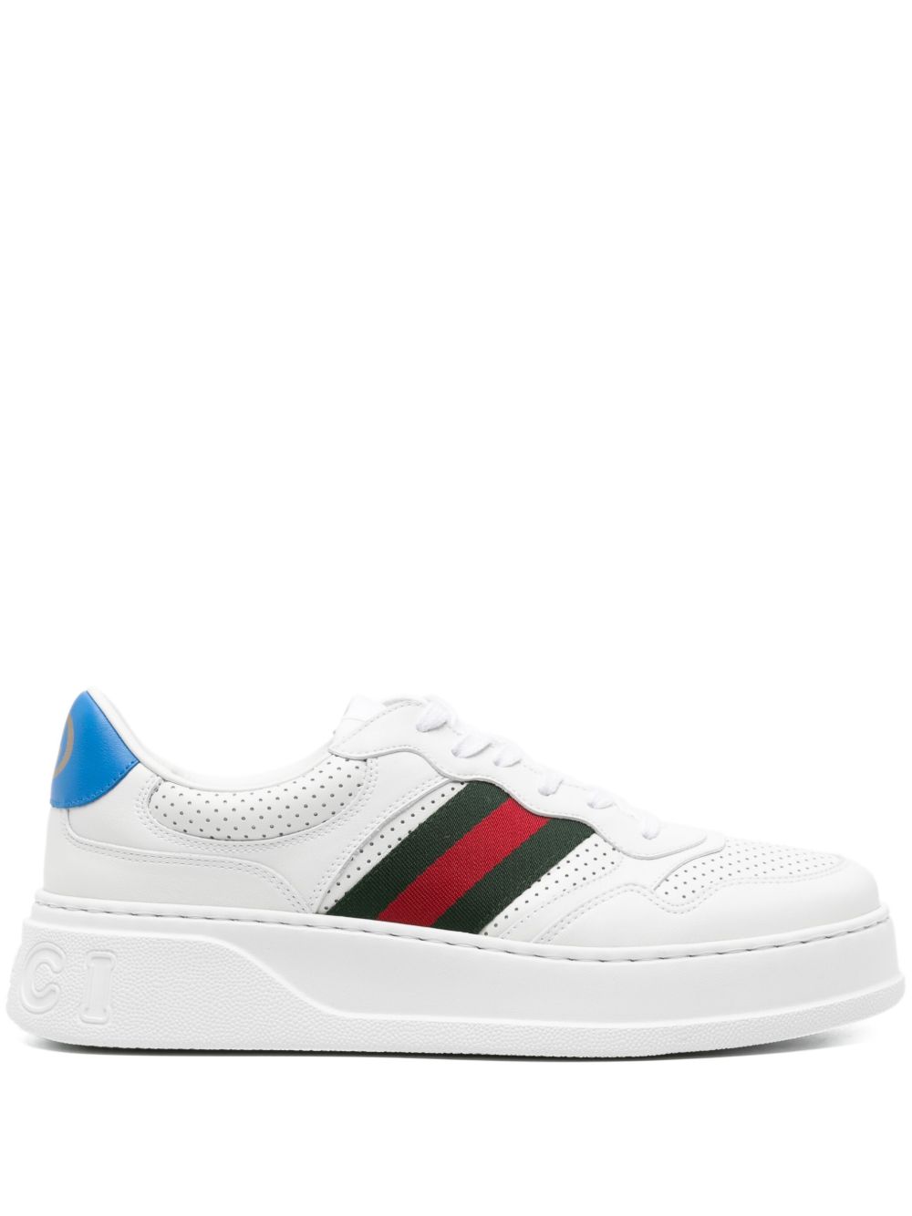 Gucci 条纹织带边饰皮质运动鞋 - 白色