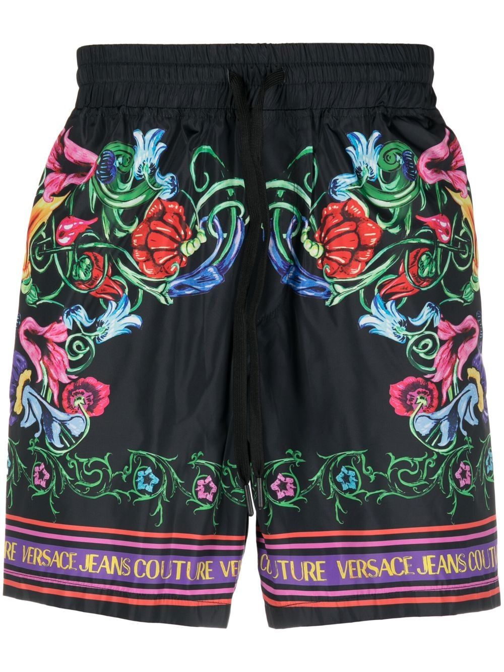 Versace Jeans Couture 花卉印花抽绳短裤 - 黑色