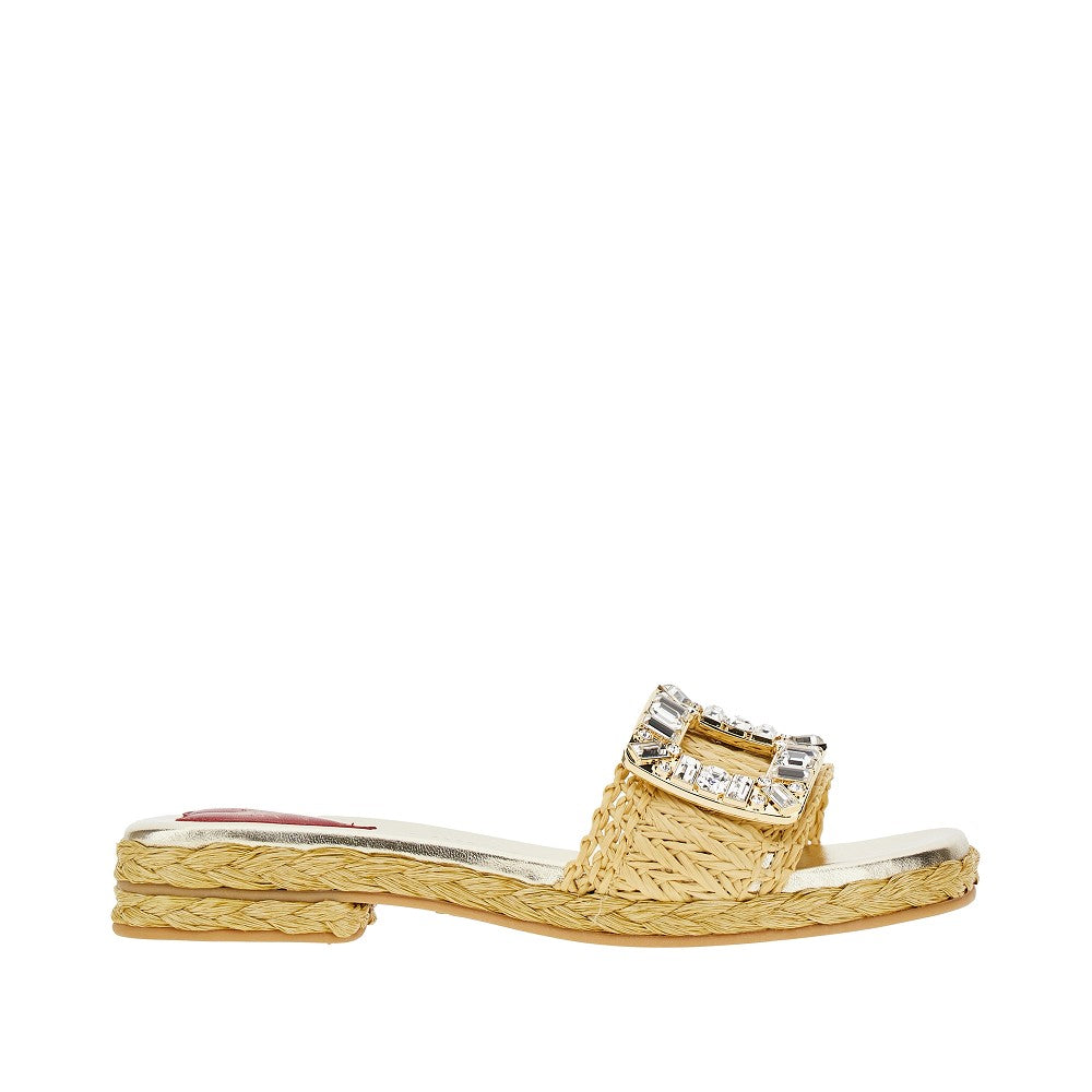 ROGER VIVIER 拉菲草水晶搭扣女士拖鞋