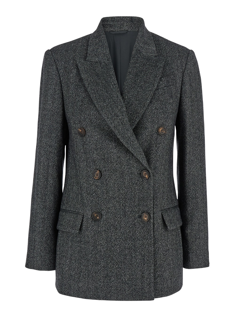Brunello Cucinelli 灰色双排扣羊毛人字纹女士夹克
