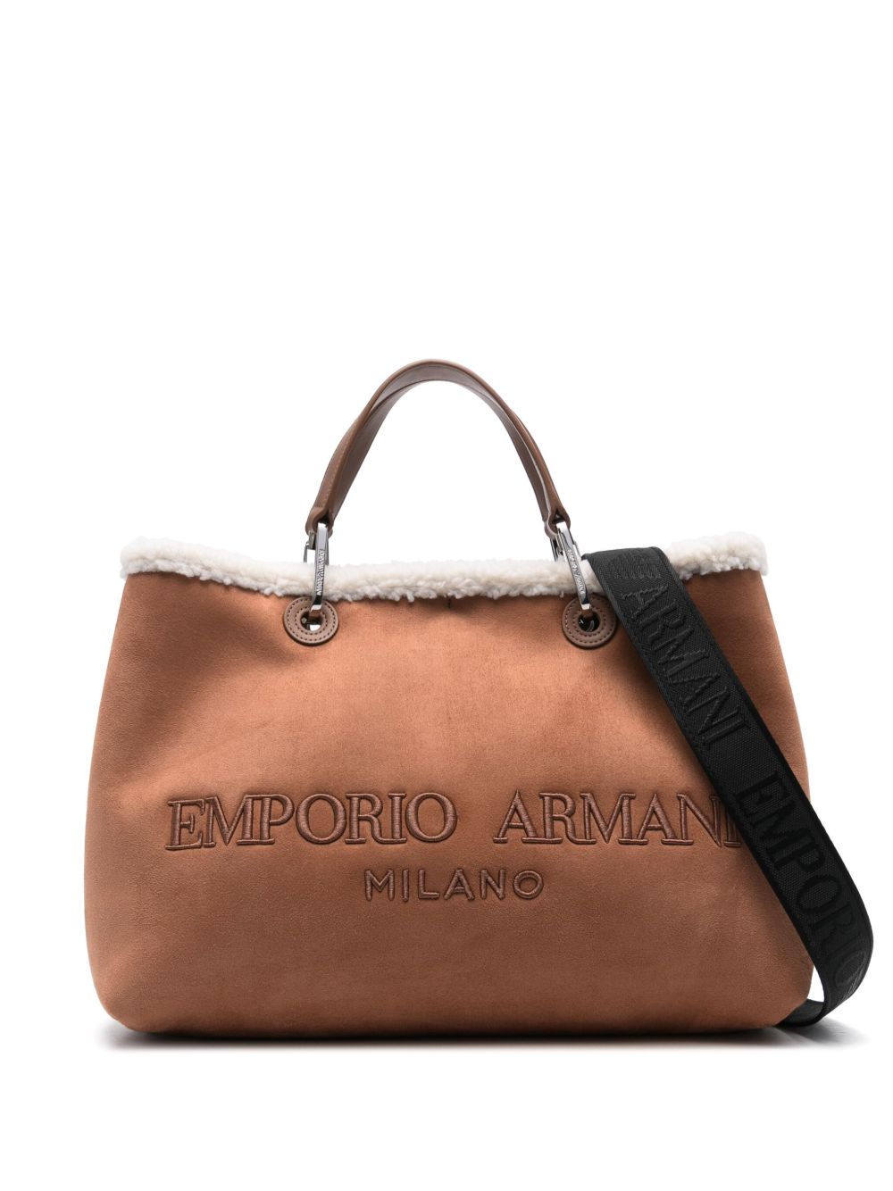 Emporio Armani logo刺绣单肩包 - 褐色