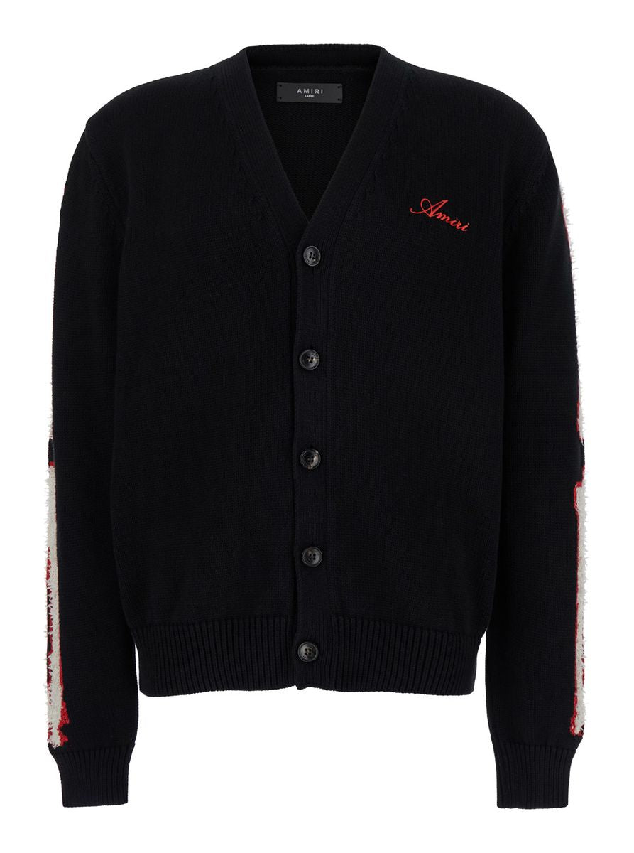 Black Cardigan With Bones Motif And Logo In Cotton Man