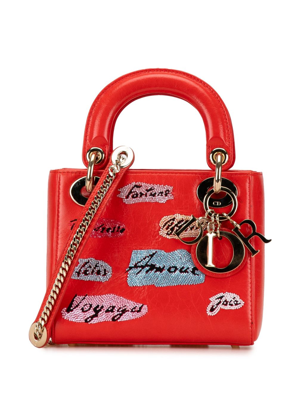 Christian Dior Pre-Owned Lady Dior 迷你小牛皮亮片缀饰斜挎包（2016年典藏款） - 红色