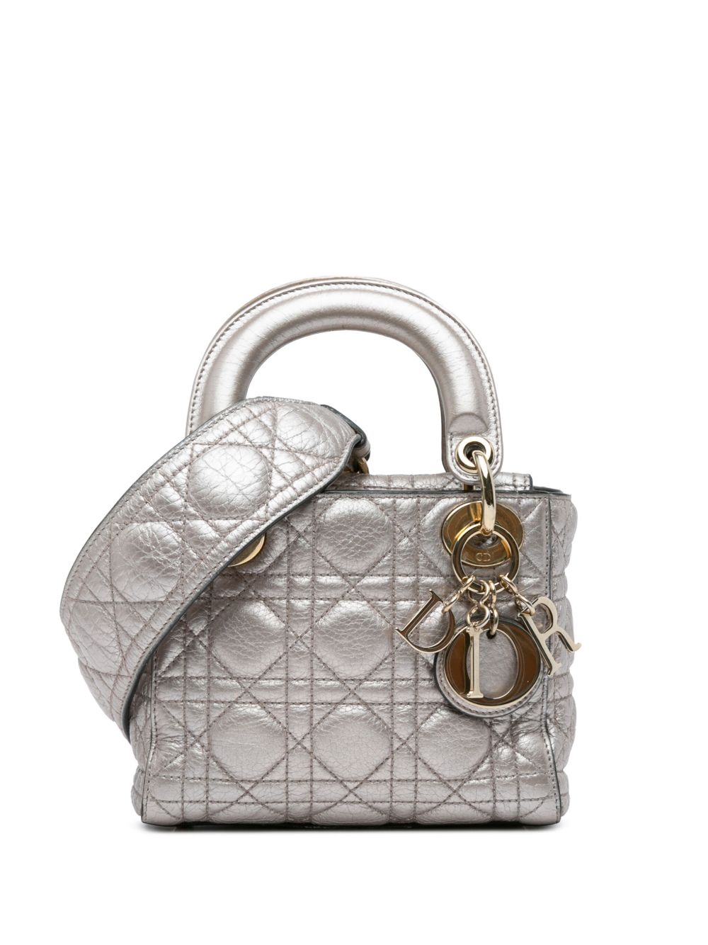 Christian Dior Pre-Owned Metallic Calfskin Cannage Supple Lady Dior 迷你斜挎包（2017年典藏款） - 银色