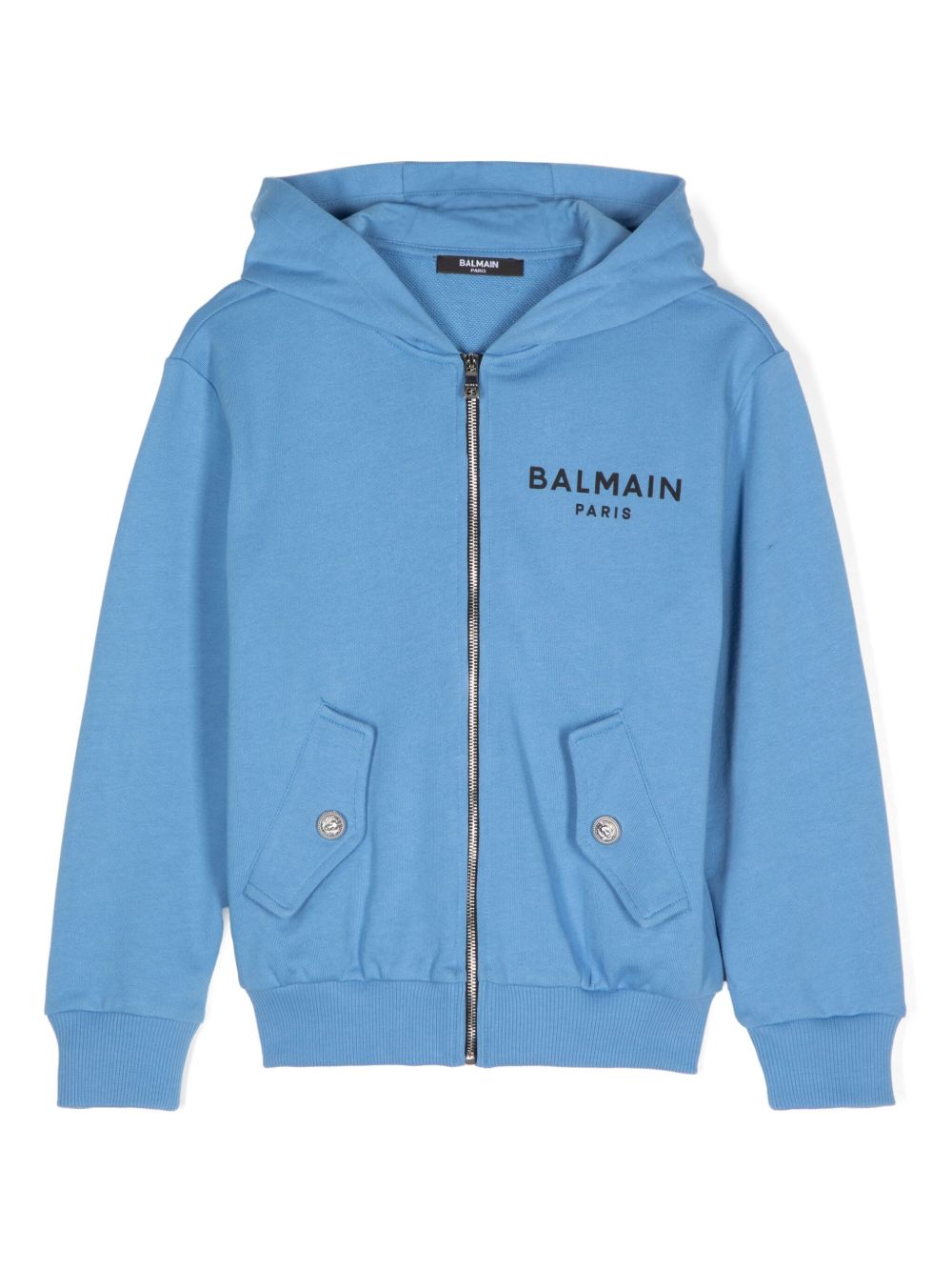 Balmain Kids logo印花棉拉链连帽衫 - 蓝色