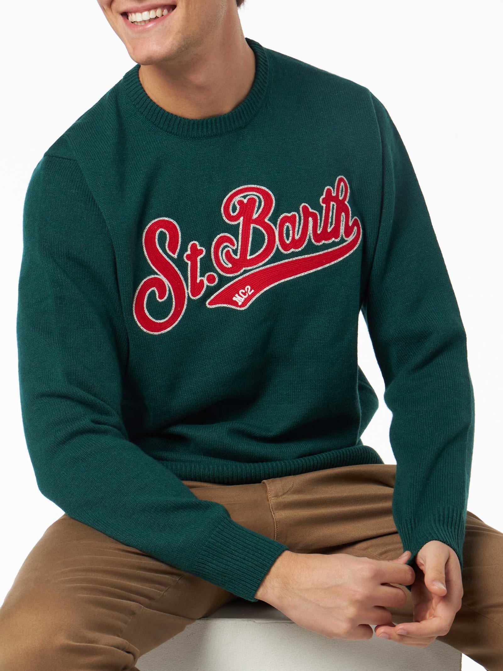 MC2 Saint Barth Man Crewneck Green Sweater With St. Barth Embroidery