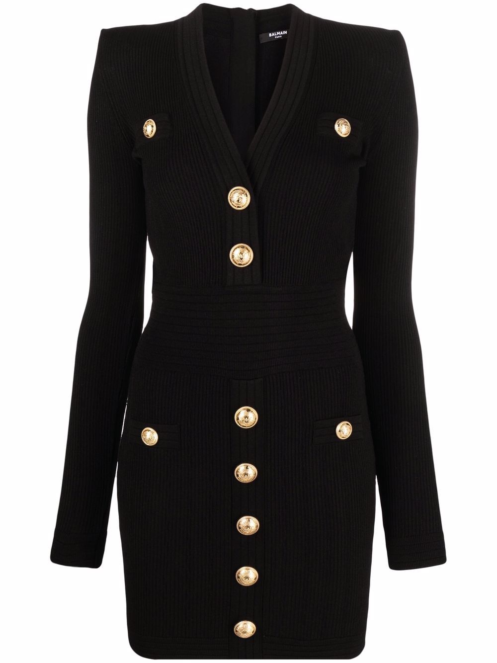 Balmain logo纽扣罗纹迷你连衣裙 - 黑色