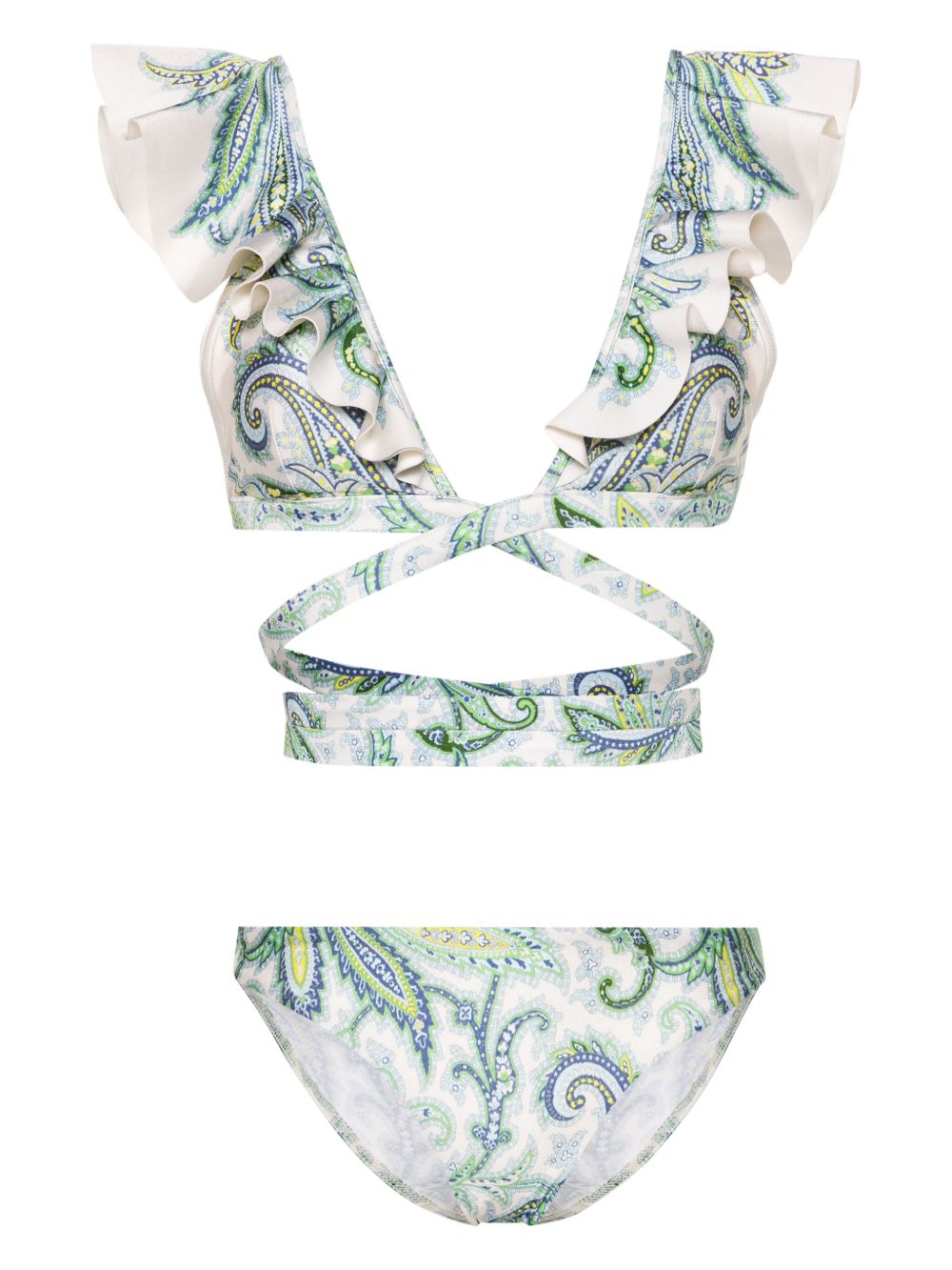 ZIMMERMANN Ottie 荷叶边裹身式比基尼套装 - 绿色
