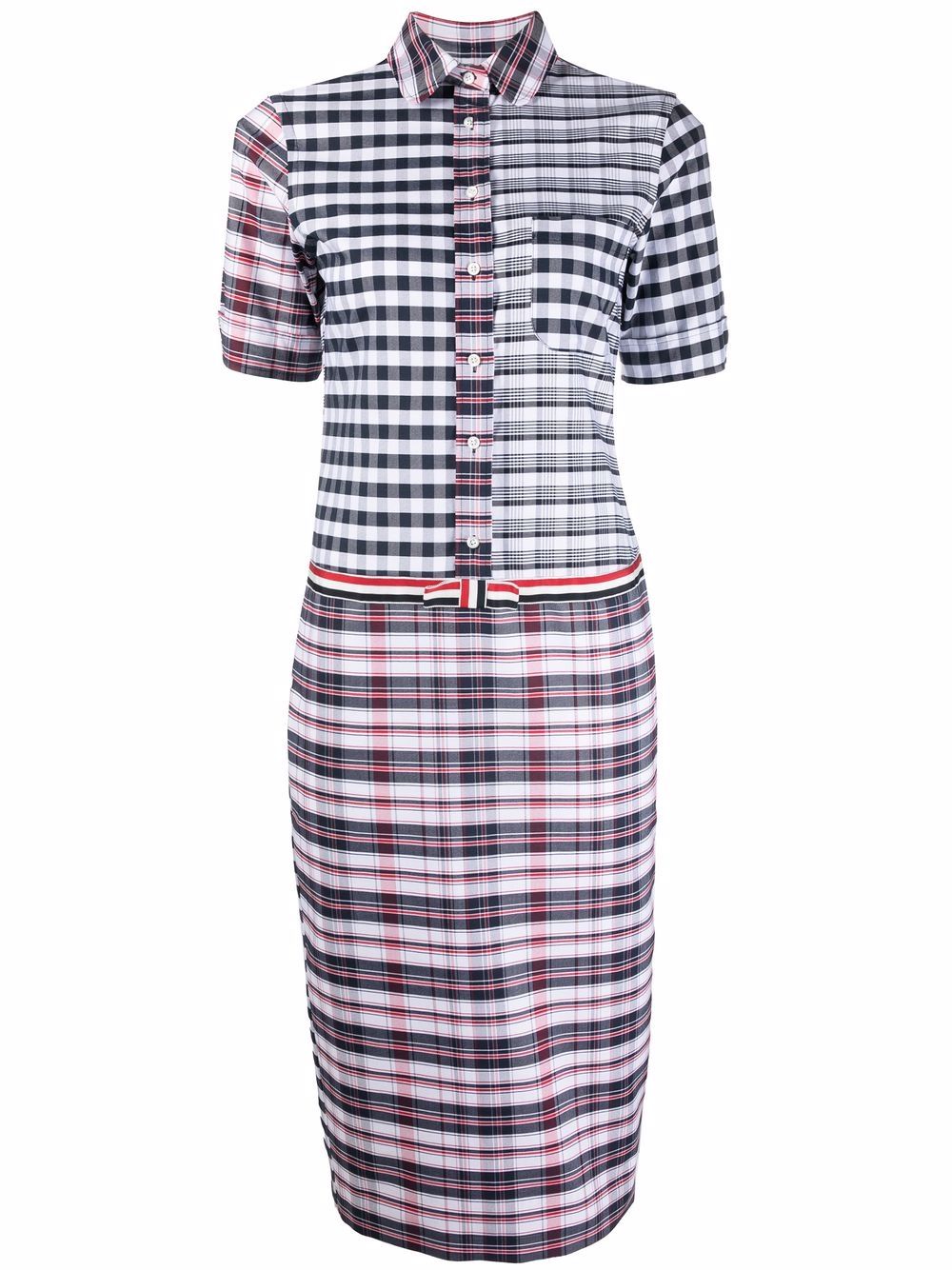 Thom Browne 混合格纹印花衬衫裙 - 蓝色