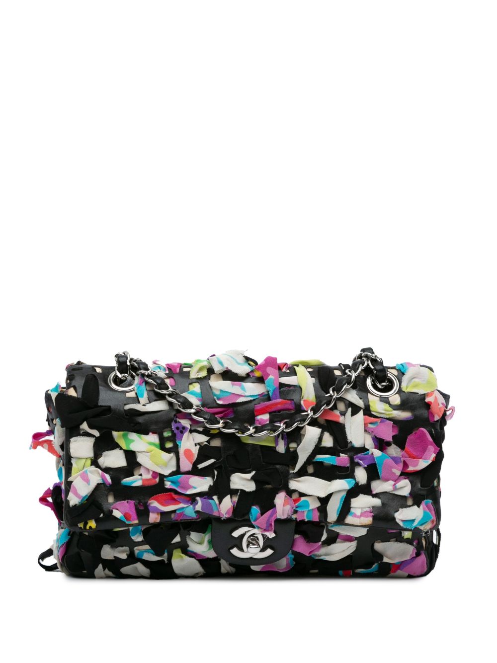 CHANEL Pre-Owned Classic Single Flap 中号小羊皮真丝缎带单肩包（2010-2011年典藏款） - 黑色