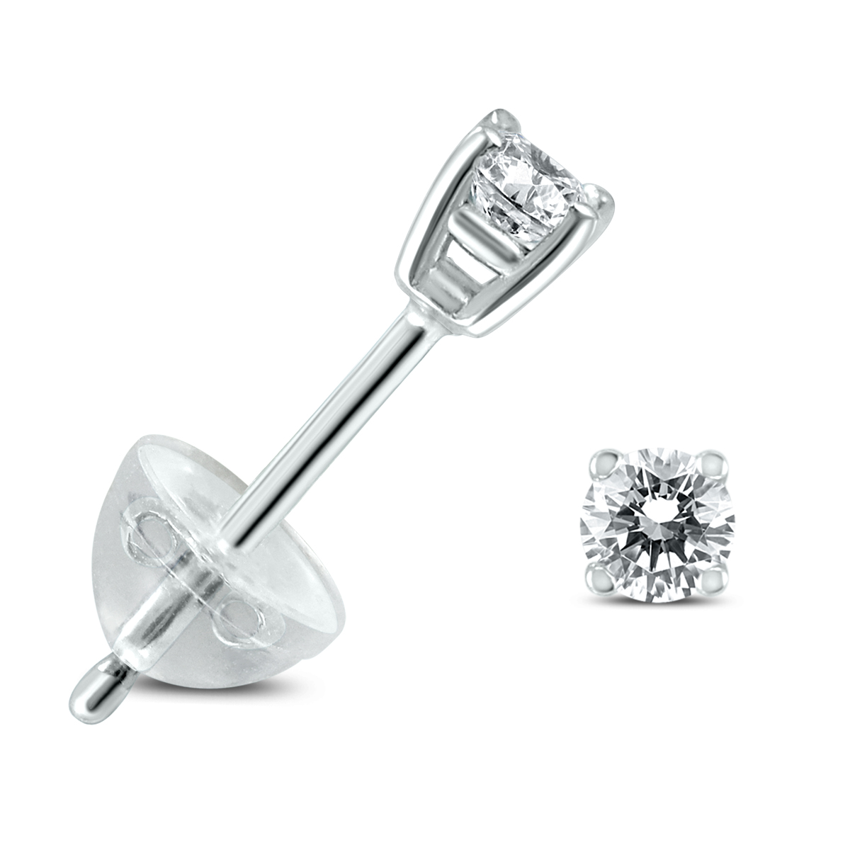 .12CTW Round Diamond Solitaire Stud Earrings In 14k White Gold with Silicon Backs