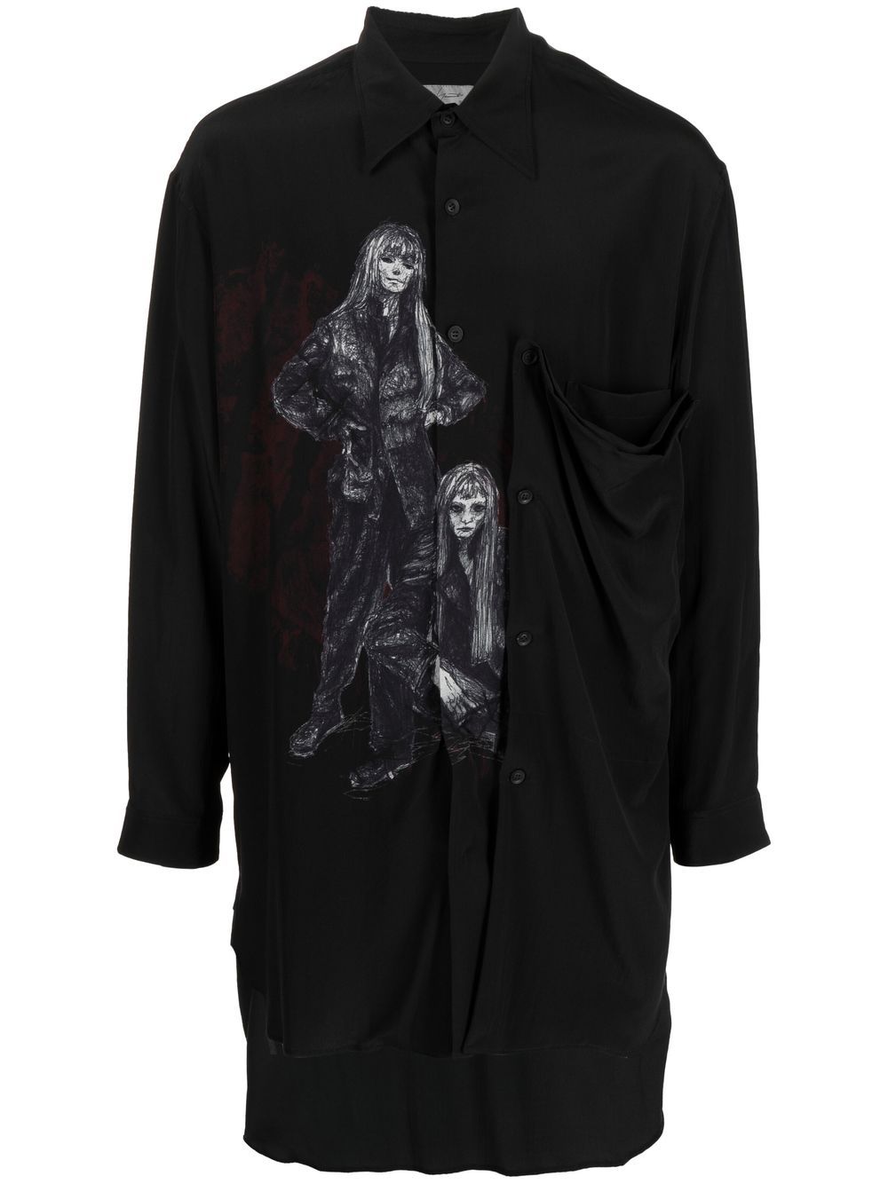 Yohji Yamamoto 图案印花排扣衬衫 - 黑色