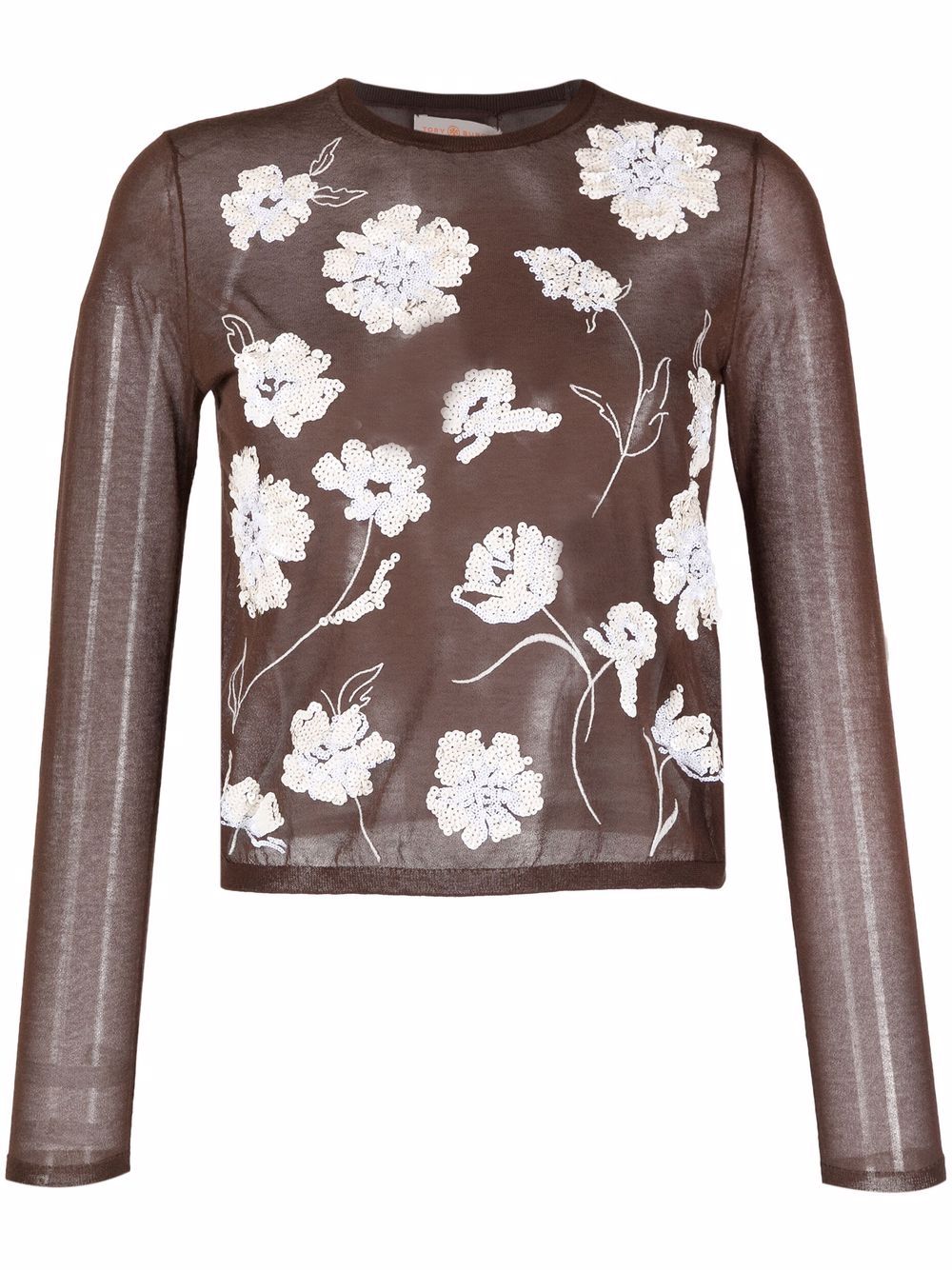 Tory Burch 花卉刺绣针织上衣 - 褐色