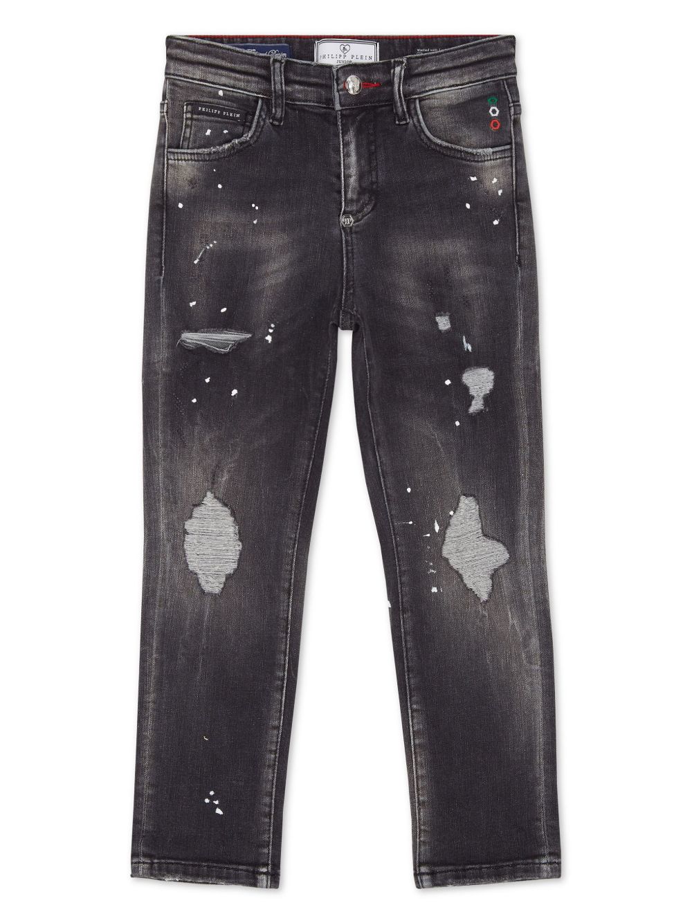Philipp Plein Junior 撕裂效果细节直筒牛仔裤 - 黑色