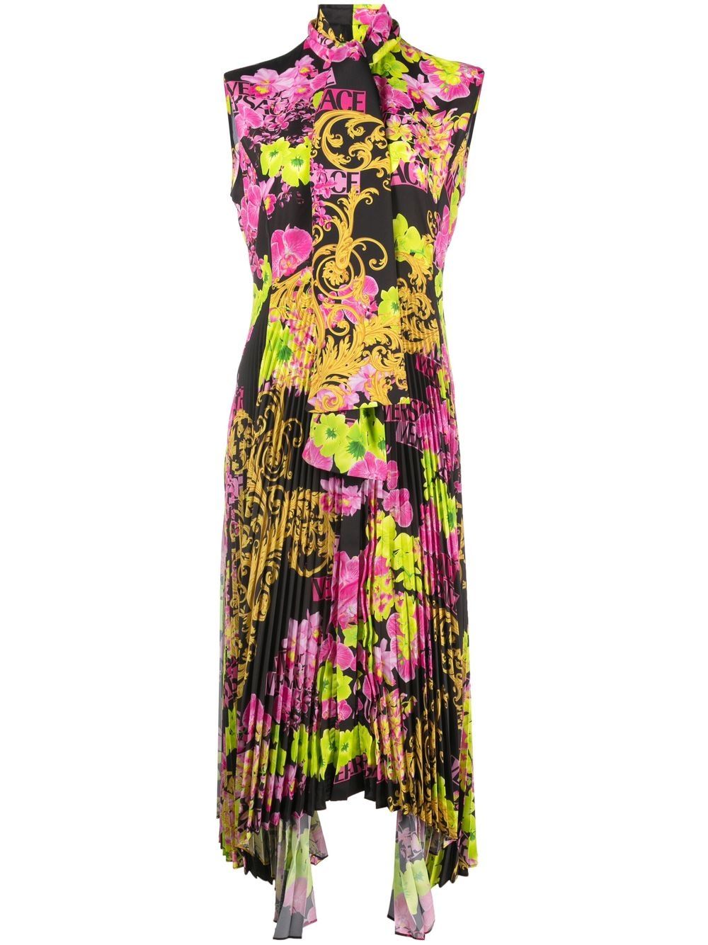 Versace Logo 兰花印花中长连衣裙 - 黑色