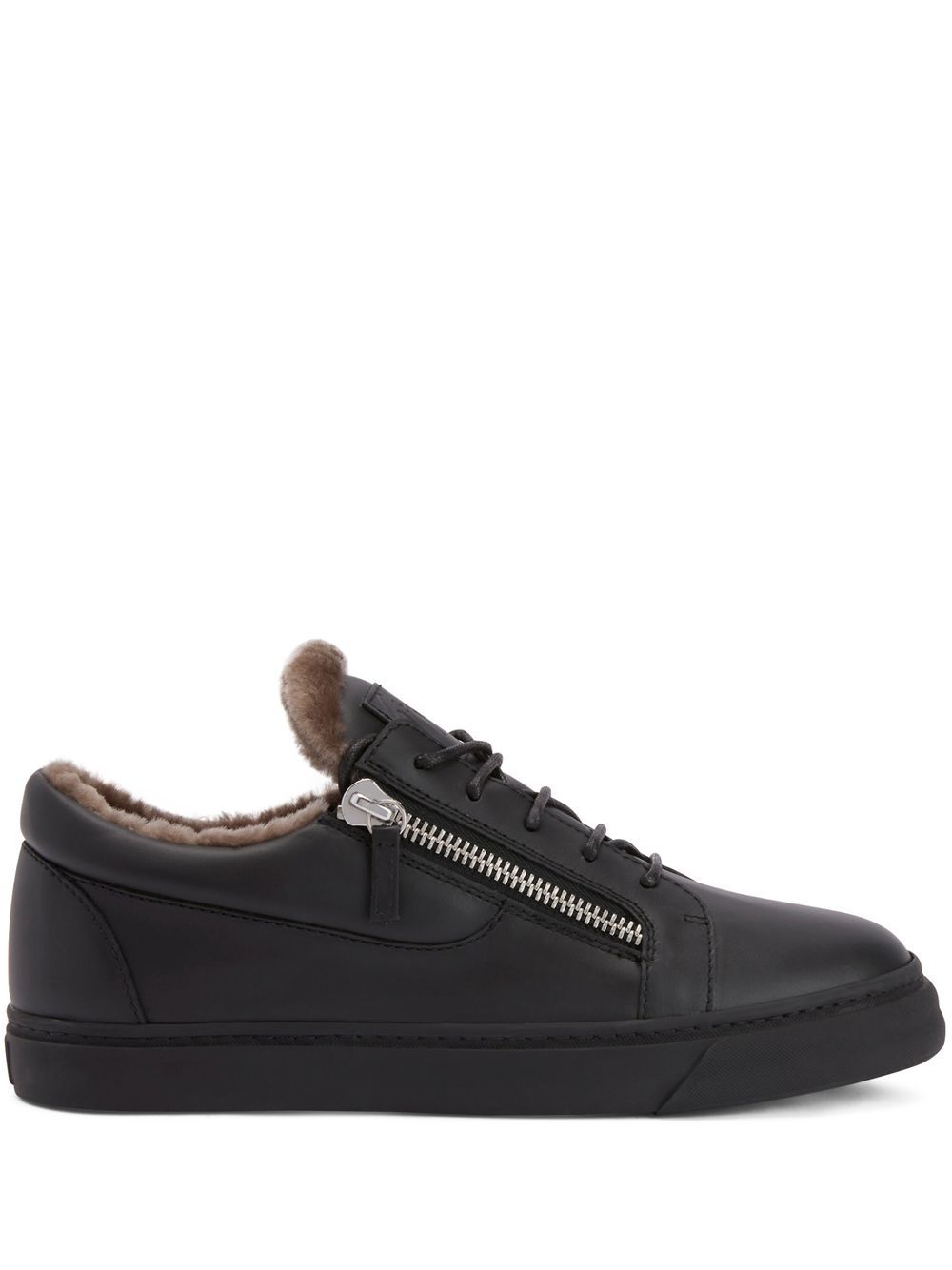 Giuseppe Zanotti 皮毛一体边饰皮质运动鞋 - 黑色