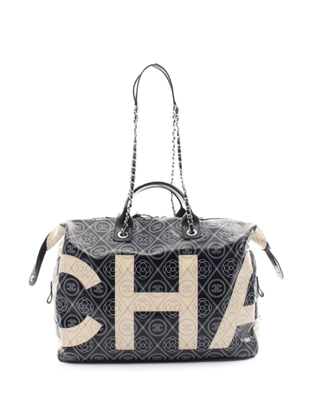 CHANEL Pre-Owned 大号涂层帆布山茶花logo斜挎保龄球包（2018年典藏款） - 白色