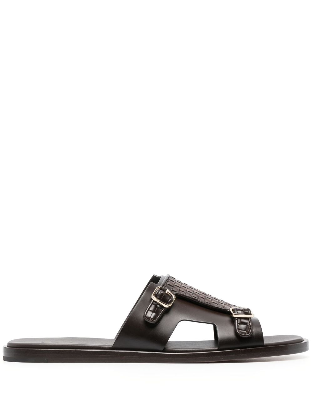 Santoni 编织袢带平底皮质凉鞋 - 褐色