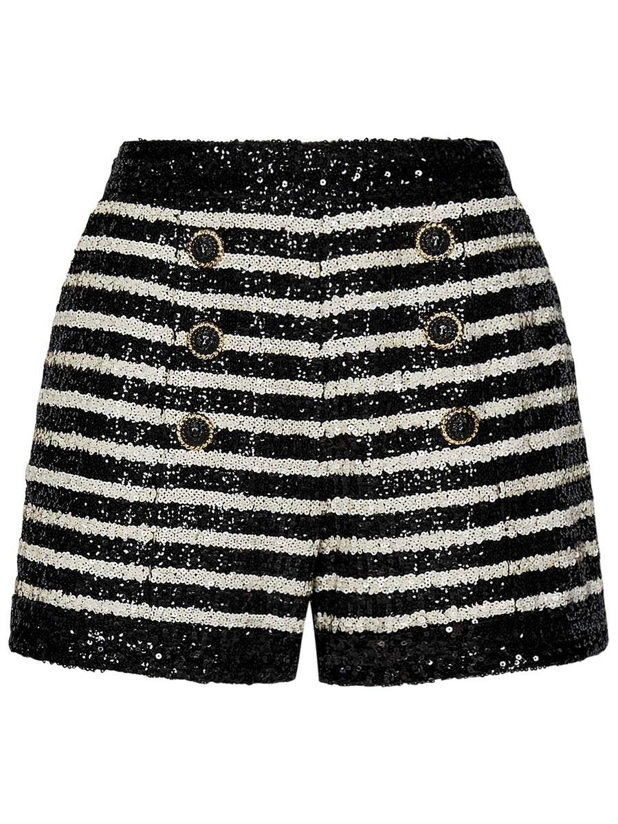 Black And White Striped Shorts With Jewel Buttons In All-Over Sequins Fabric Woman