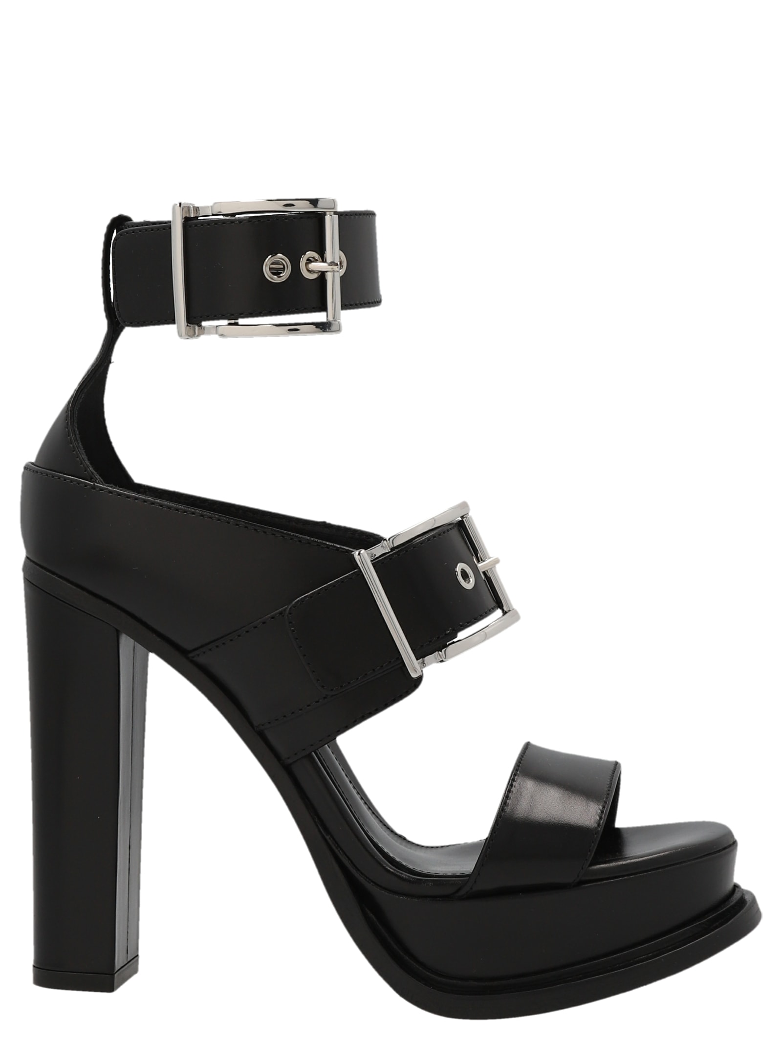 Alexander McQueen Platform Sandal With Buckles In Black And Silver