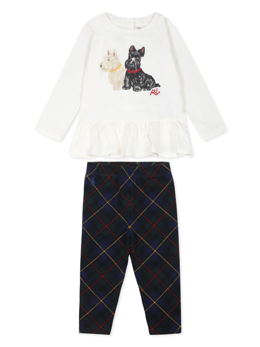 POLO RALPH LAUREN KIDS 小狗印花平纹针织打底裤套装 - 白色