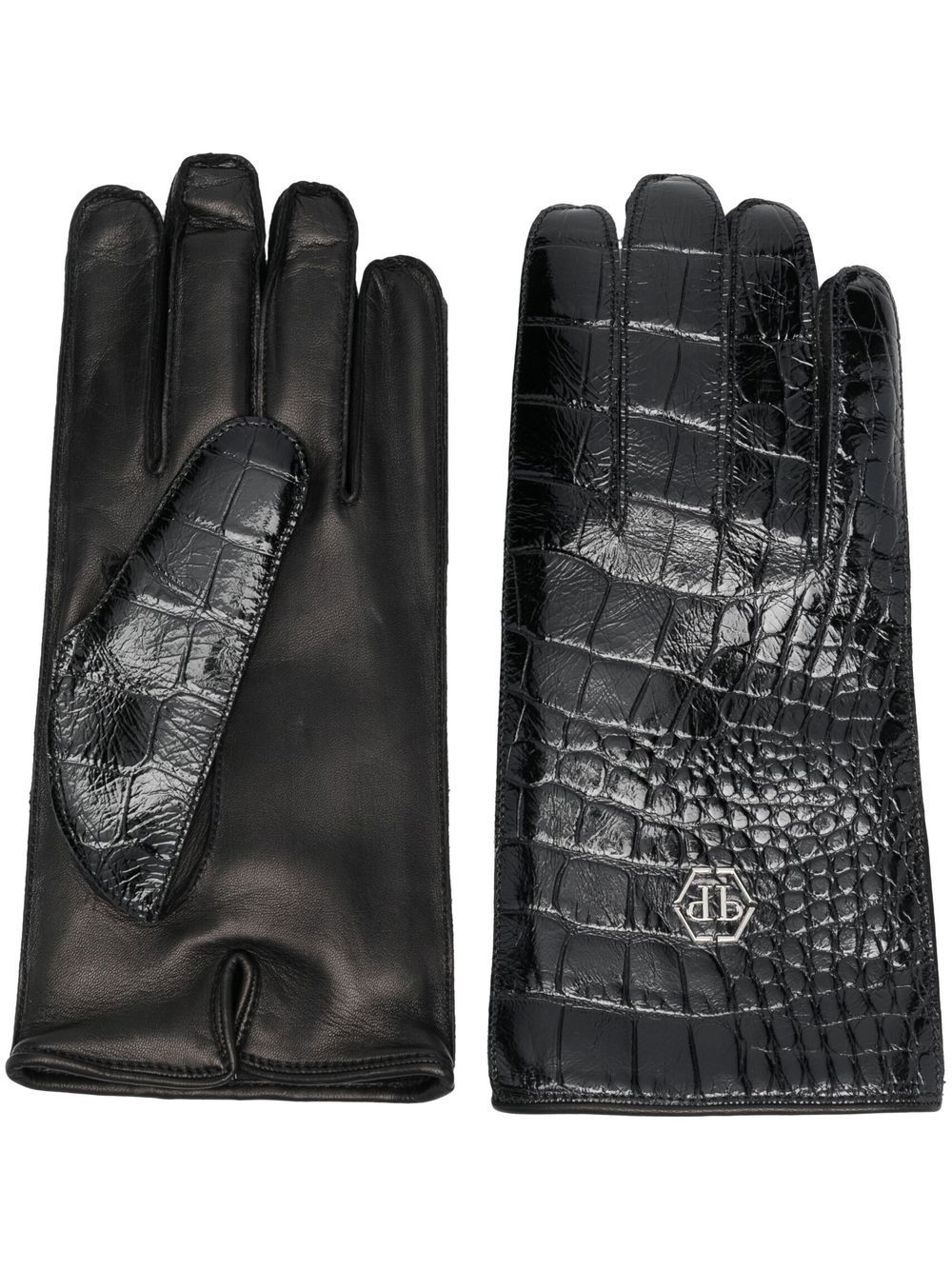 Philipp Plein 仿鳄鱼纹皮质手套 - 黑色