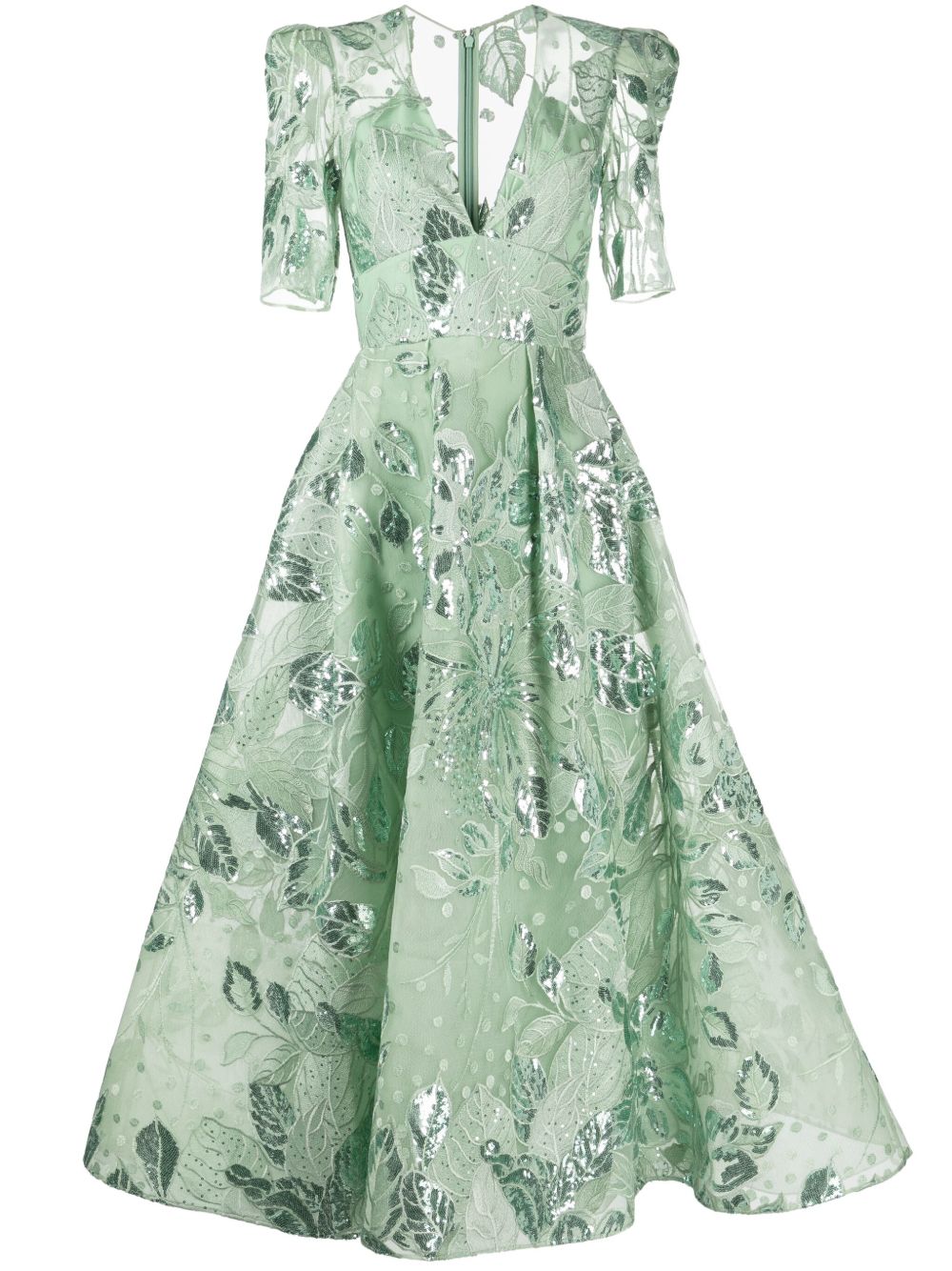 Elie Saab 花卉刺绣薄纱连衣裙 - 绿色