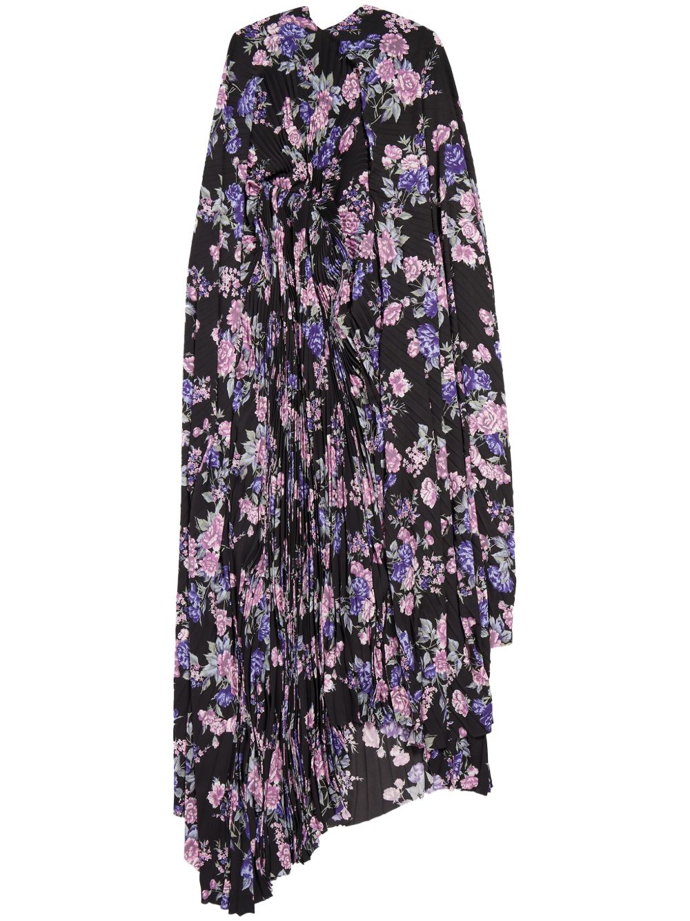 Balenciaga 花卉印花百褶超长连衣裙 - 黑色