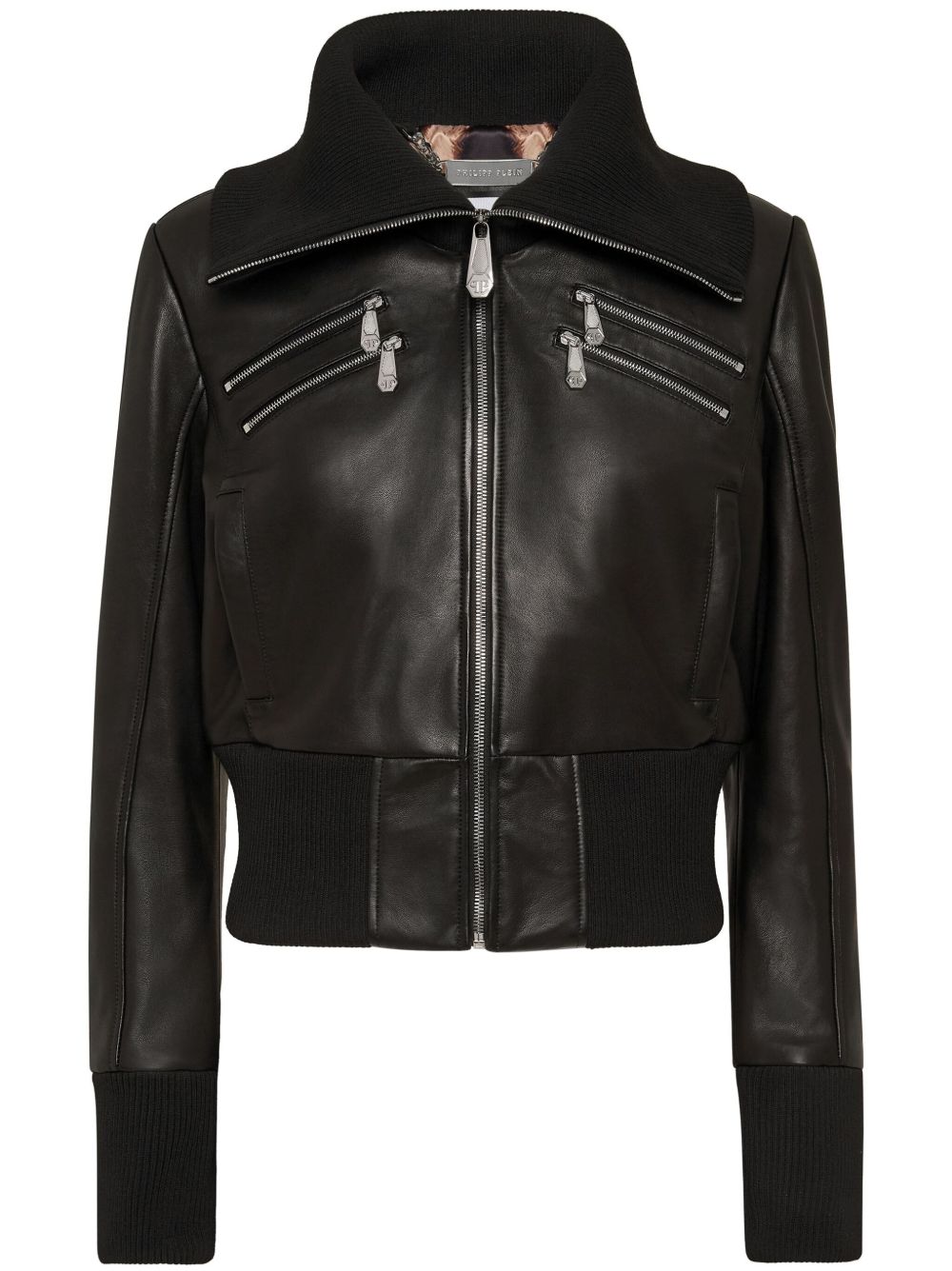 Philipp Plein 针织领拉链皮夹克 - 黑色