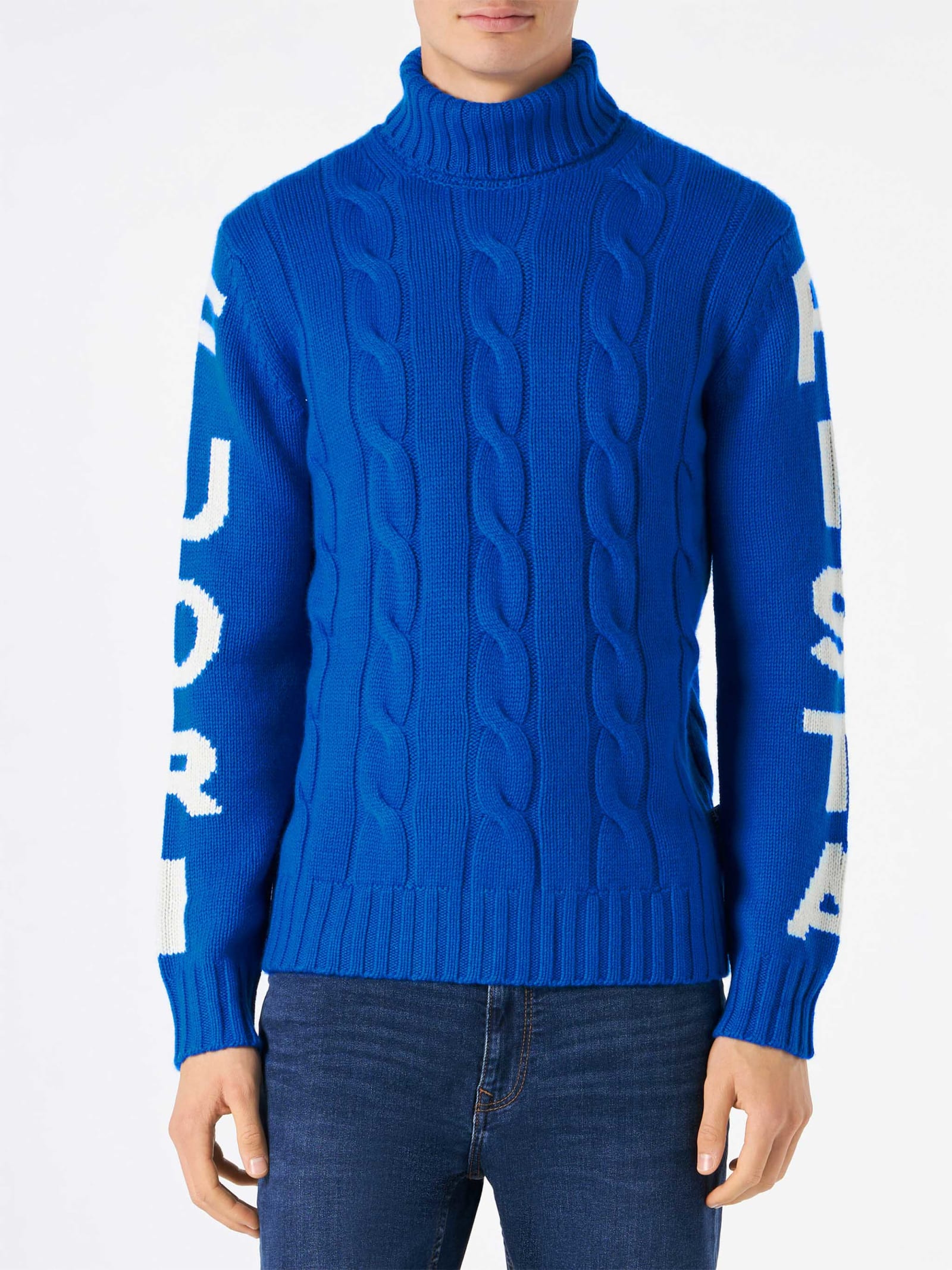 MC2 Saint Barth Man Turtleneck Braided Sweater With Fuori Pista Print