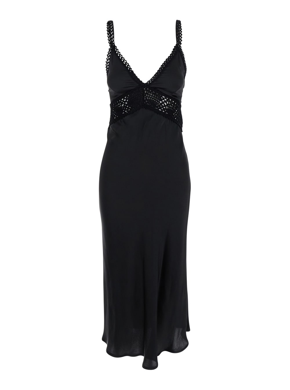 SEMICOUTURE jacinta Black Long Dress With Thin Straps And Crochet Inserts In Silk And Acetate Blend Woman