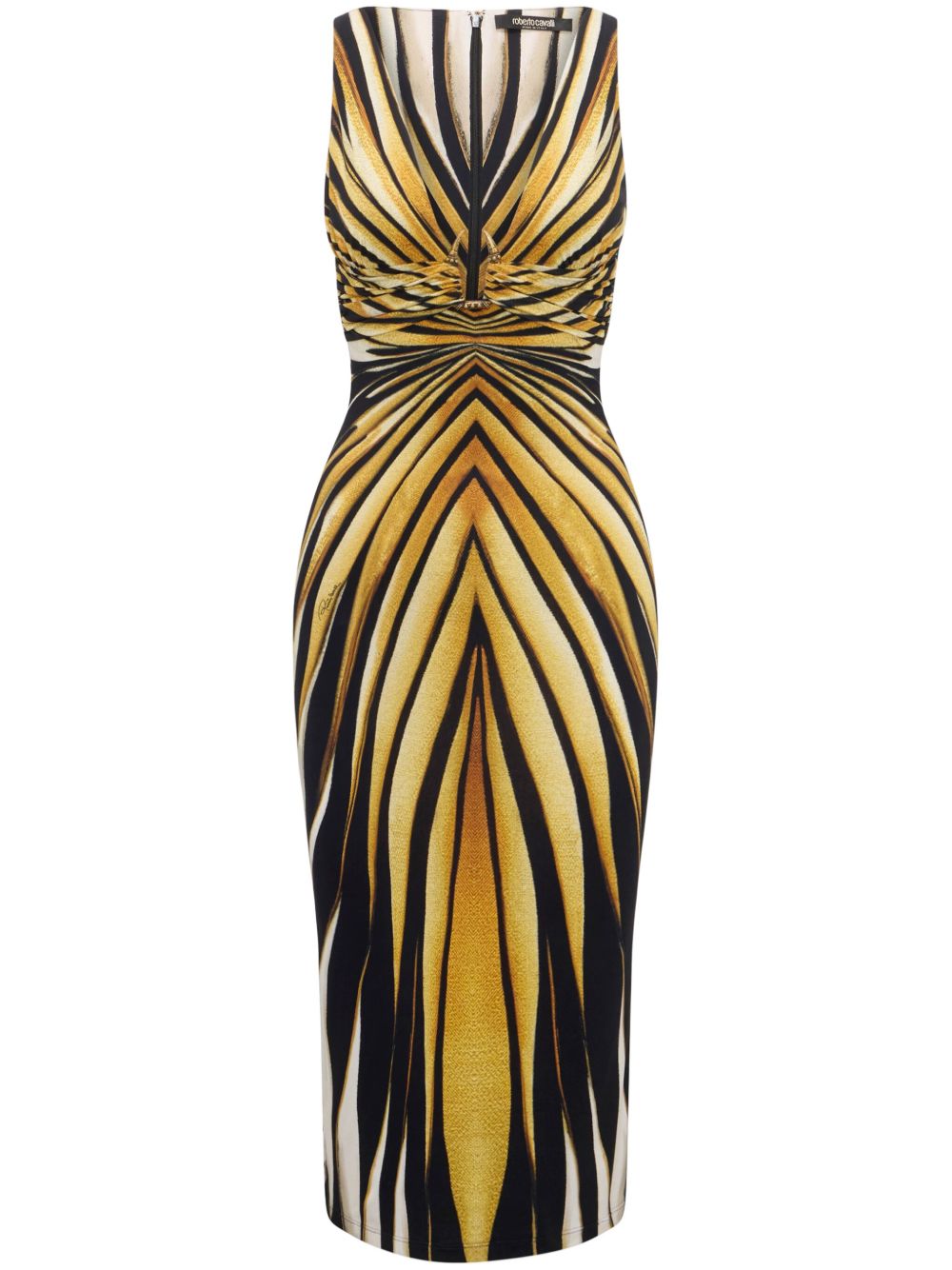 Roberto Cavalli Ray of Gold 印花中长连衣裙 - 金色