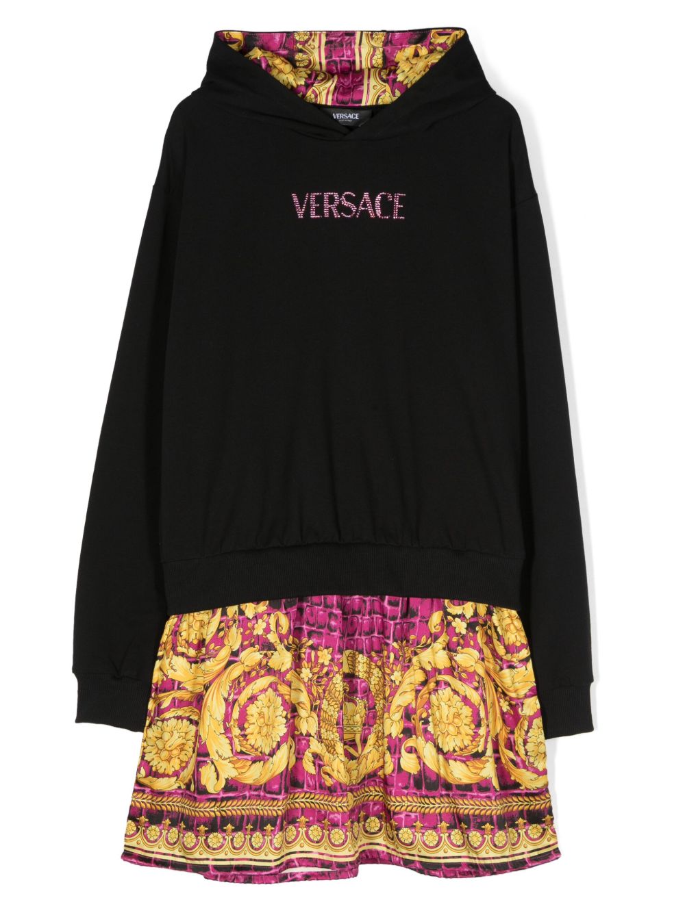 Versace Kids 巴洛克印花连帽连衣裙 - 黑色