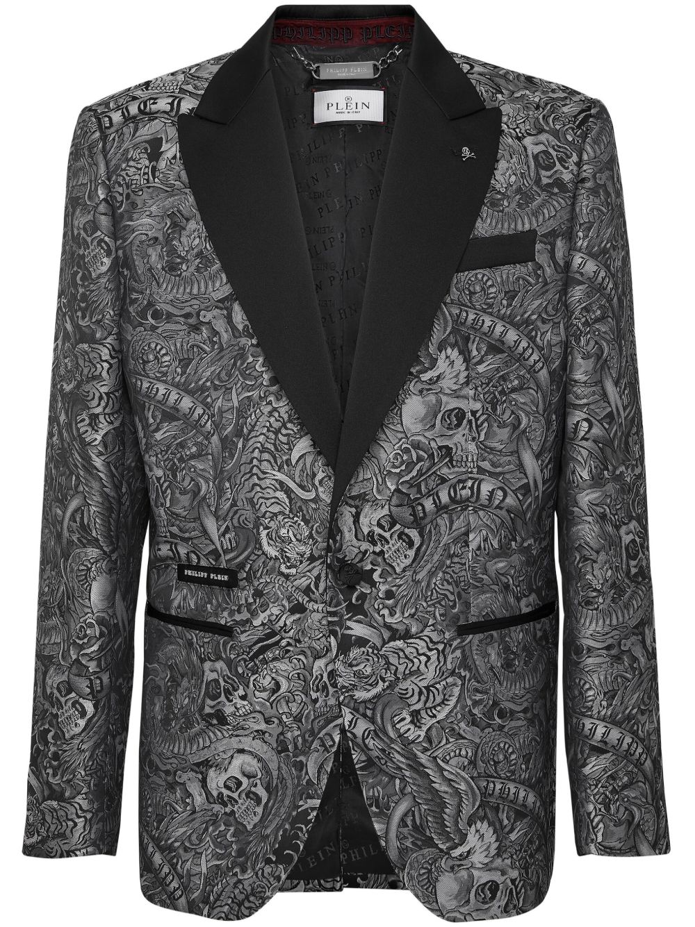 Philipp Plein 刺青印花斜纹布西装夹克 - 黑色