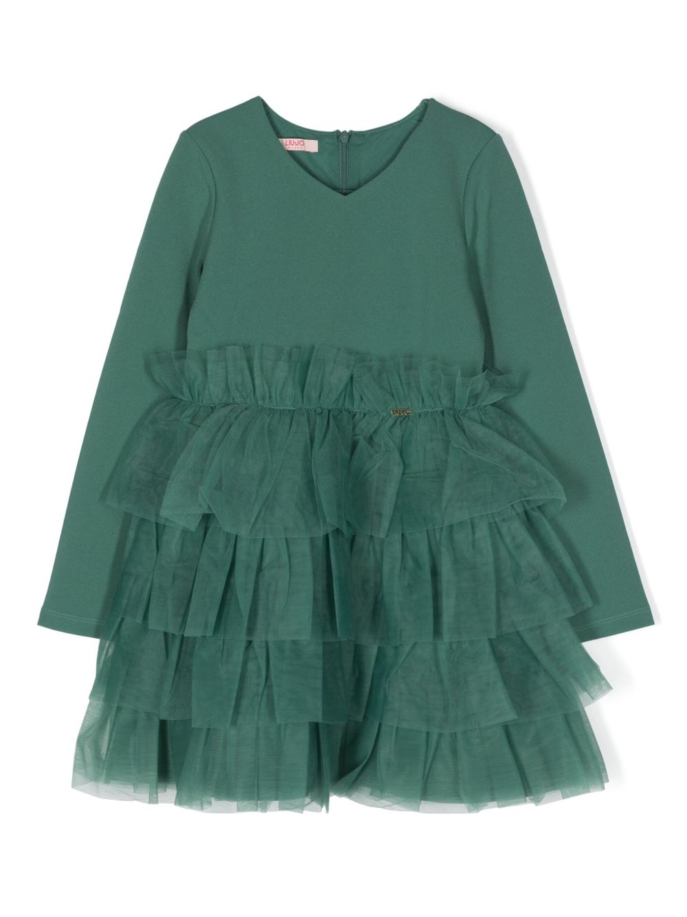Liu Jo Kids 荷叶边薄纱裙摆迷你连衣裙 - 绿色