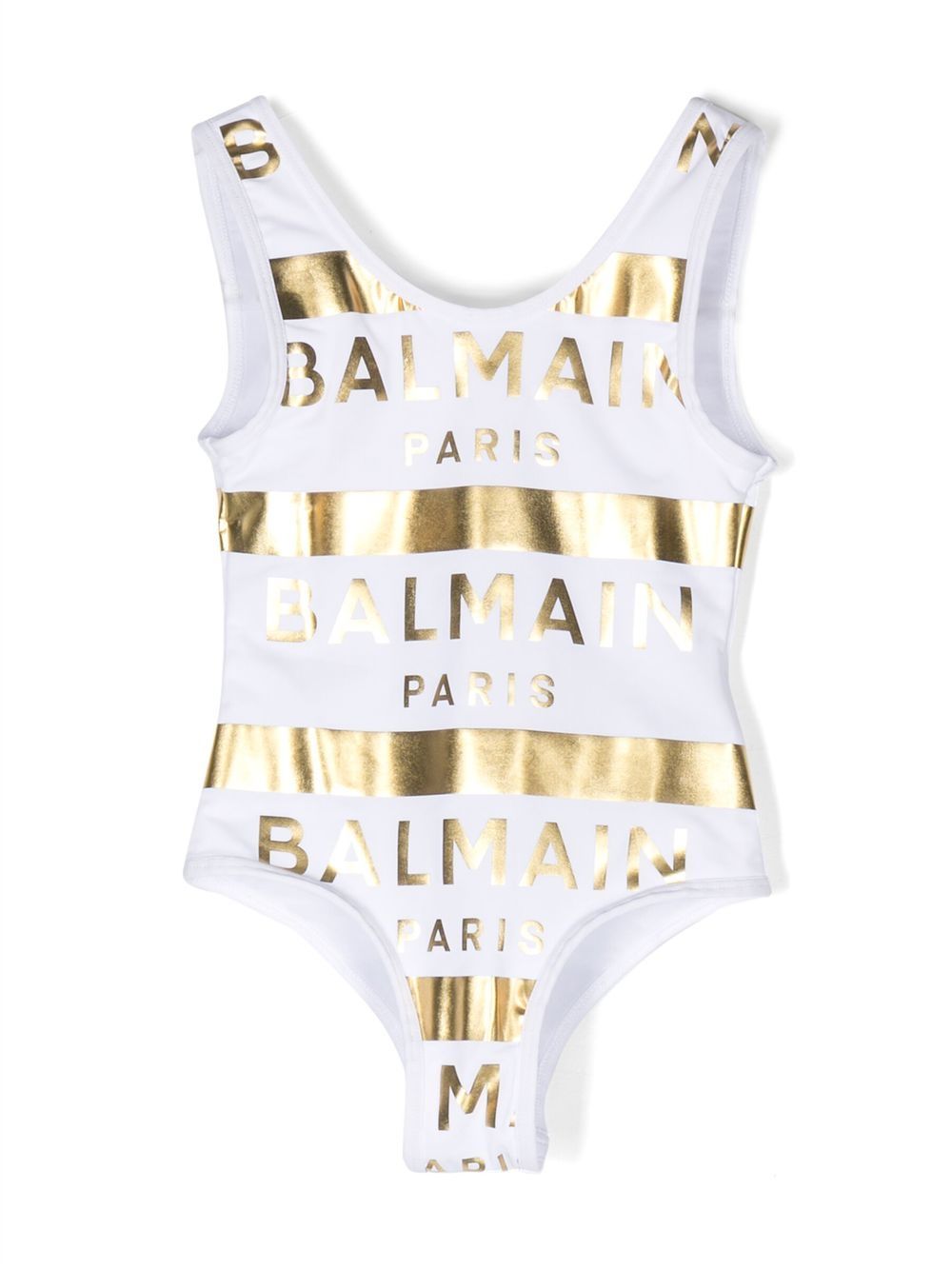 Balmain Kids logo印花金属感连体泳衣 - 白色