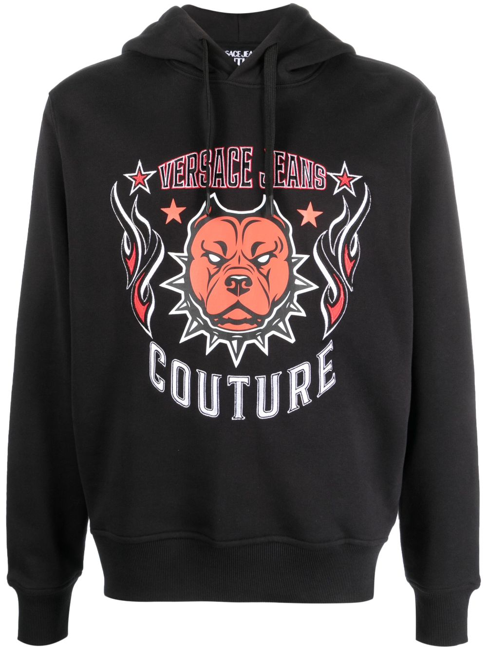 Versace Jeans Couture logo刺绣棉连帽衫 - 黑色