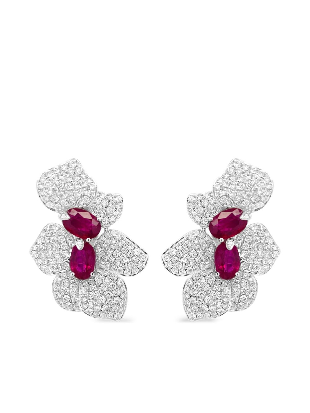 HYT Jewelry 18K白金钻石红宝石夹扣式耳环 - 红色