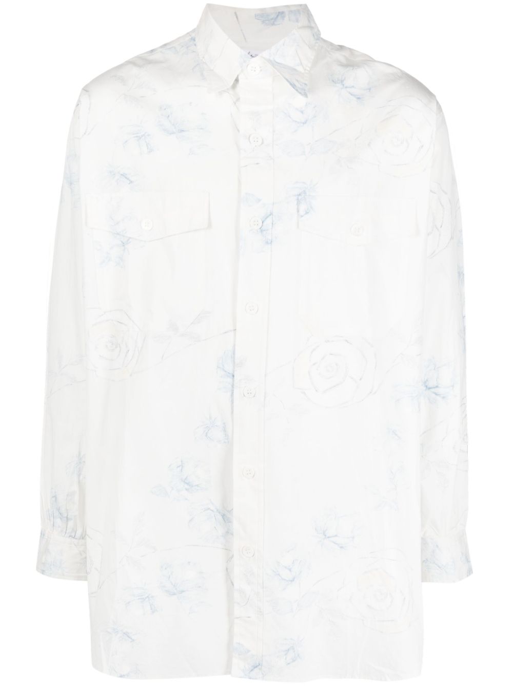 Yohji Yamamoto 花卉印花棉衬衫 - 白色