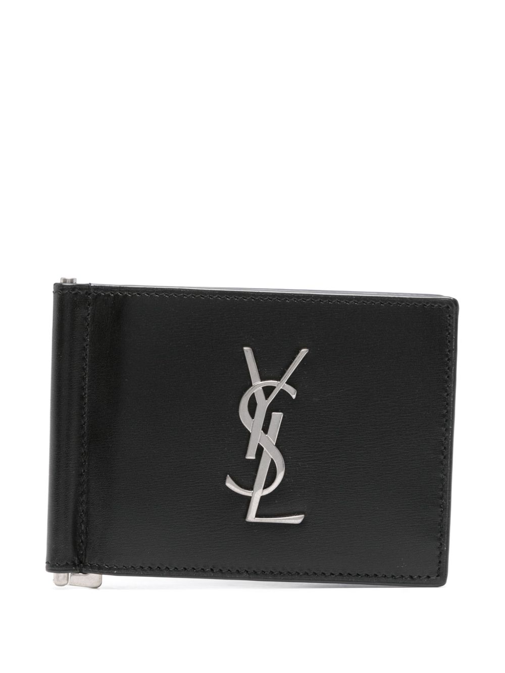 Saint Laurent logo真皮对折钱包 - 黑色